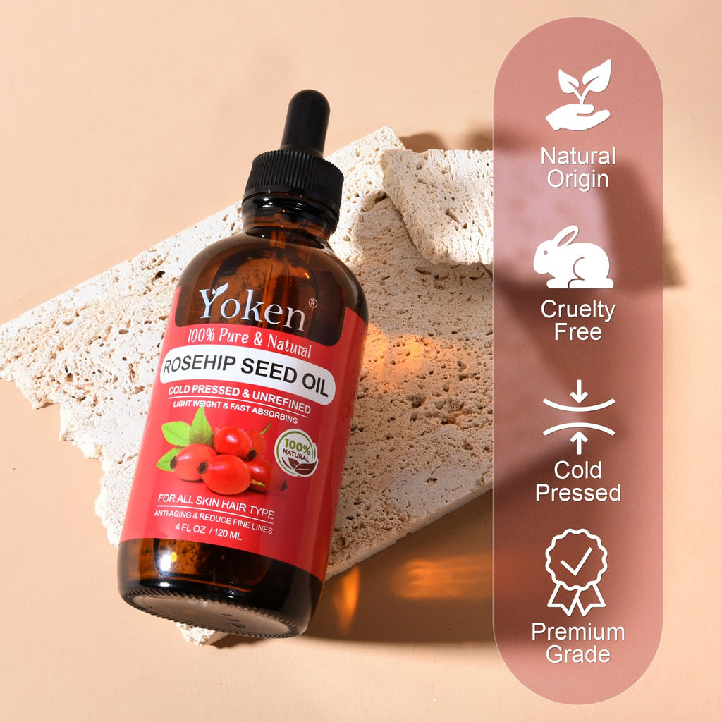 Yoken Cold Pressed Organic Rosehip Seed Oil for Face, Hair & Body, 4 fl oz | Rosehip Oil for Face Hair Body and Nails Rich in Essential Fatty Acids Lightweight Moisturizing Carrier Oil