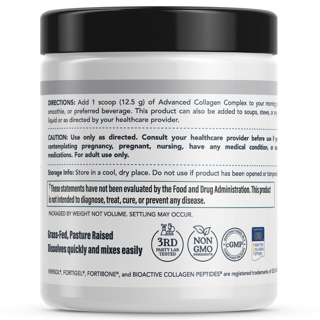 Advanced Collagen Complex with VERISOL®, FORTIBONE® & FORTIGEL, 30 Servings | Supports Hair, Skin, Bone & Joint Support - Clinically Studied Grass-Fed Hydrolyzed Collagen - Non GMO, 3rd Party Lab Tested
