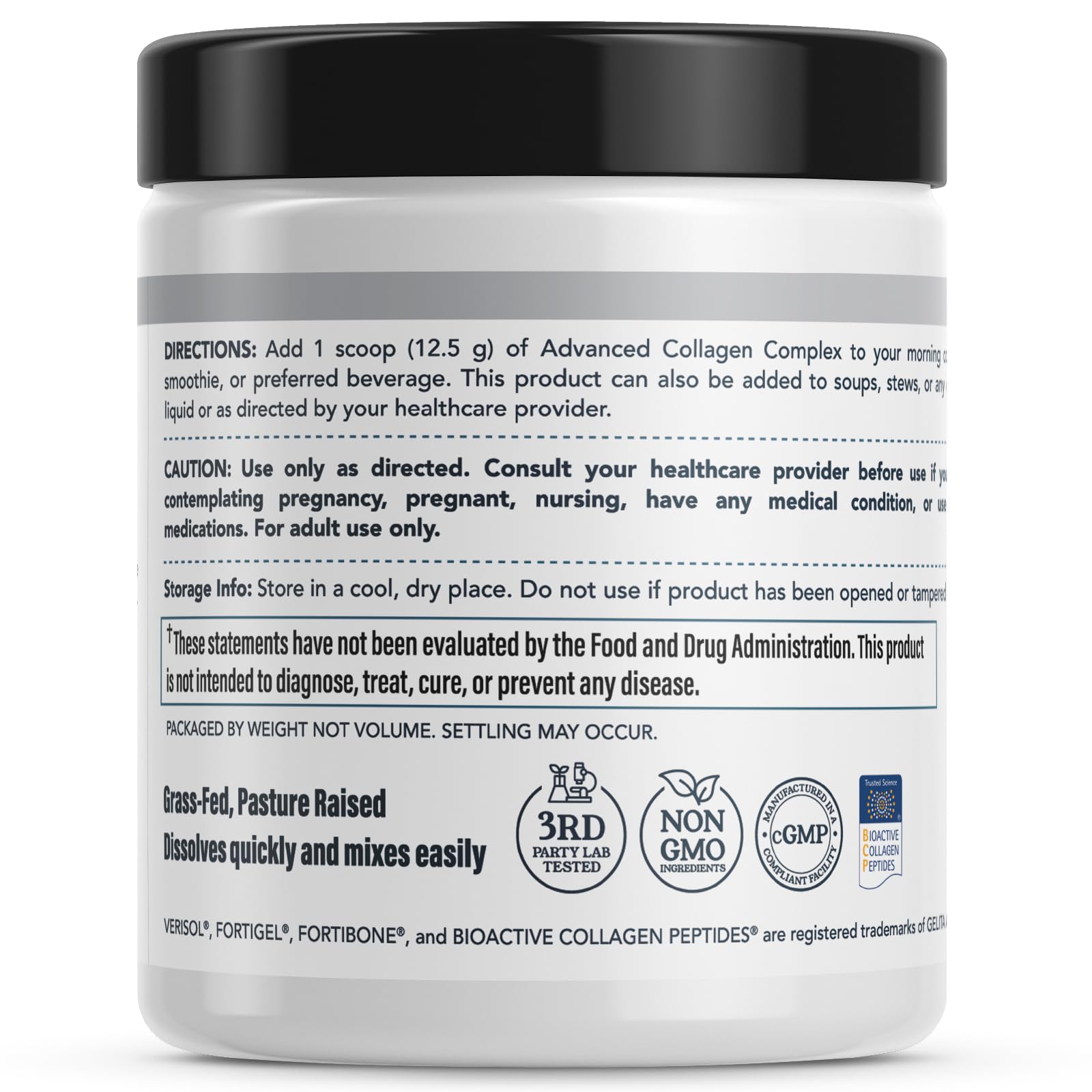 Advanced Collagen Complex with VERISOL®, FORTIBONE® & FORTIGEL, 30 Servings | Supports Hair, Skin, Bone & Joint Support - Clinically Studied Grass-Fed Hydrolyzed Collagen - Non GMO, 3rd Party Lab Tested