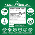 Zazzee USDA Organic Ceylon Cinnamon 20:1 Extract, 150 Capsules, Sri Lankan | Vegan, 5 Month Supply, Cinnamomum Verum, Antioxidant & Metabolic Support, All-Natural, Non-GMO, Made in the USA