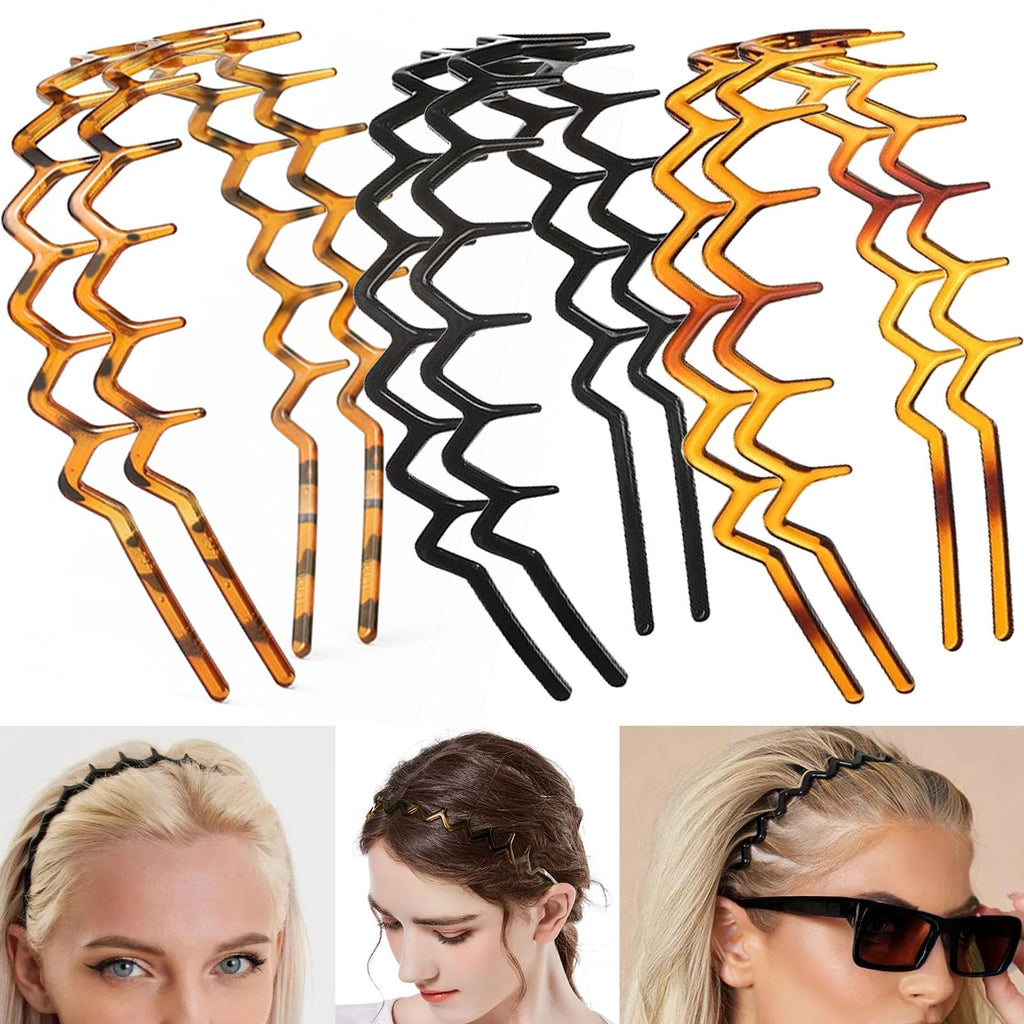6 PCS Zig Zag Headbands Plastic Wavy Hair Head Band Comb with Teeth Hoop Accessories for Women Men Girls, Matte Morandi