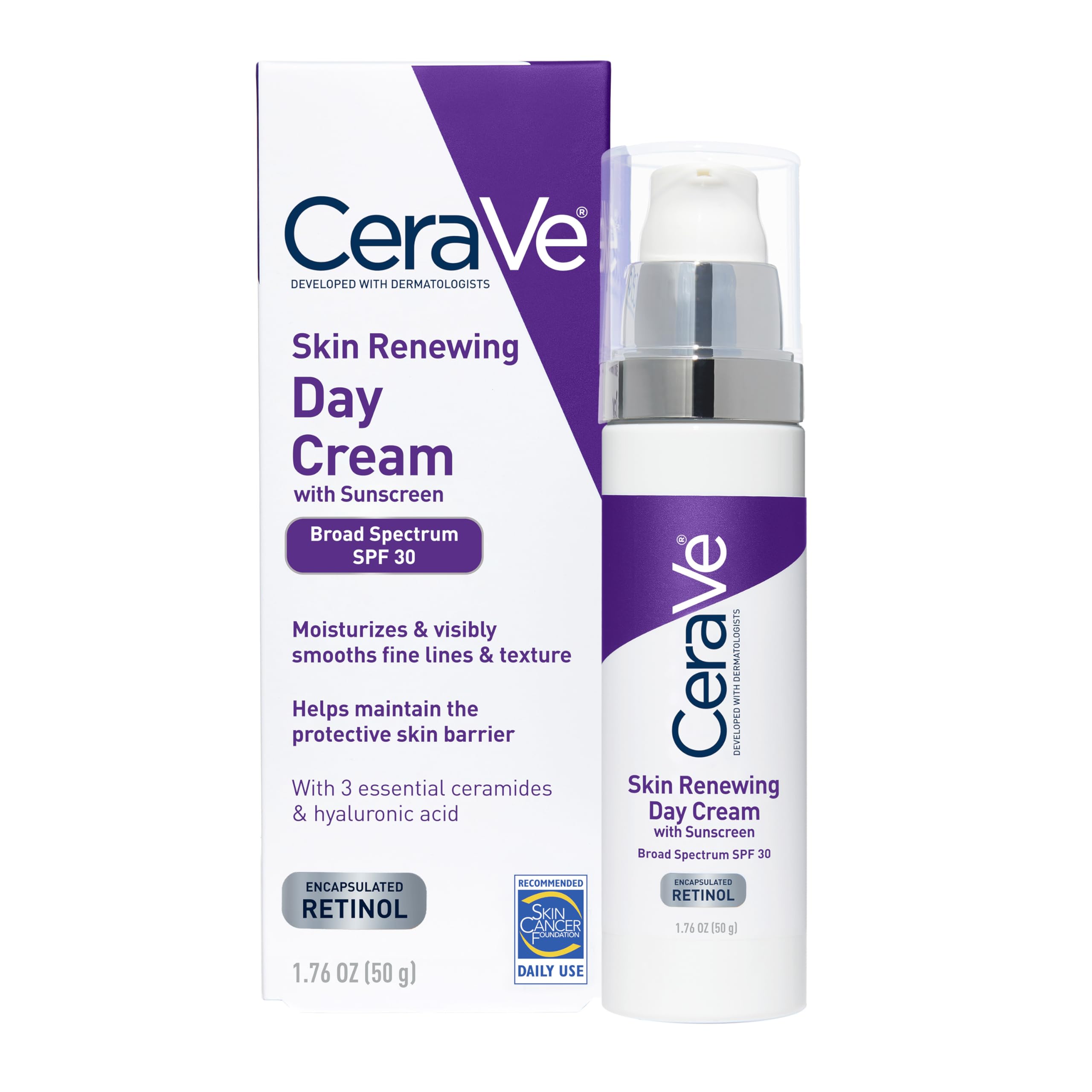 CeraVe Day Cream, Anti-Aging Retinol Face Moisturizer with SPF 30, 1.76oz | Skin Care, Anti Aging Face Cream with SPF 30 and Hyaluronic Acid Hydrates & Uses Encapsulated Retinol To Smooth Skin Texture
