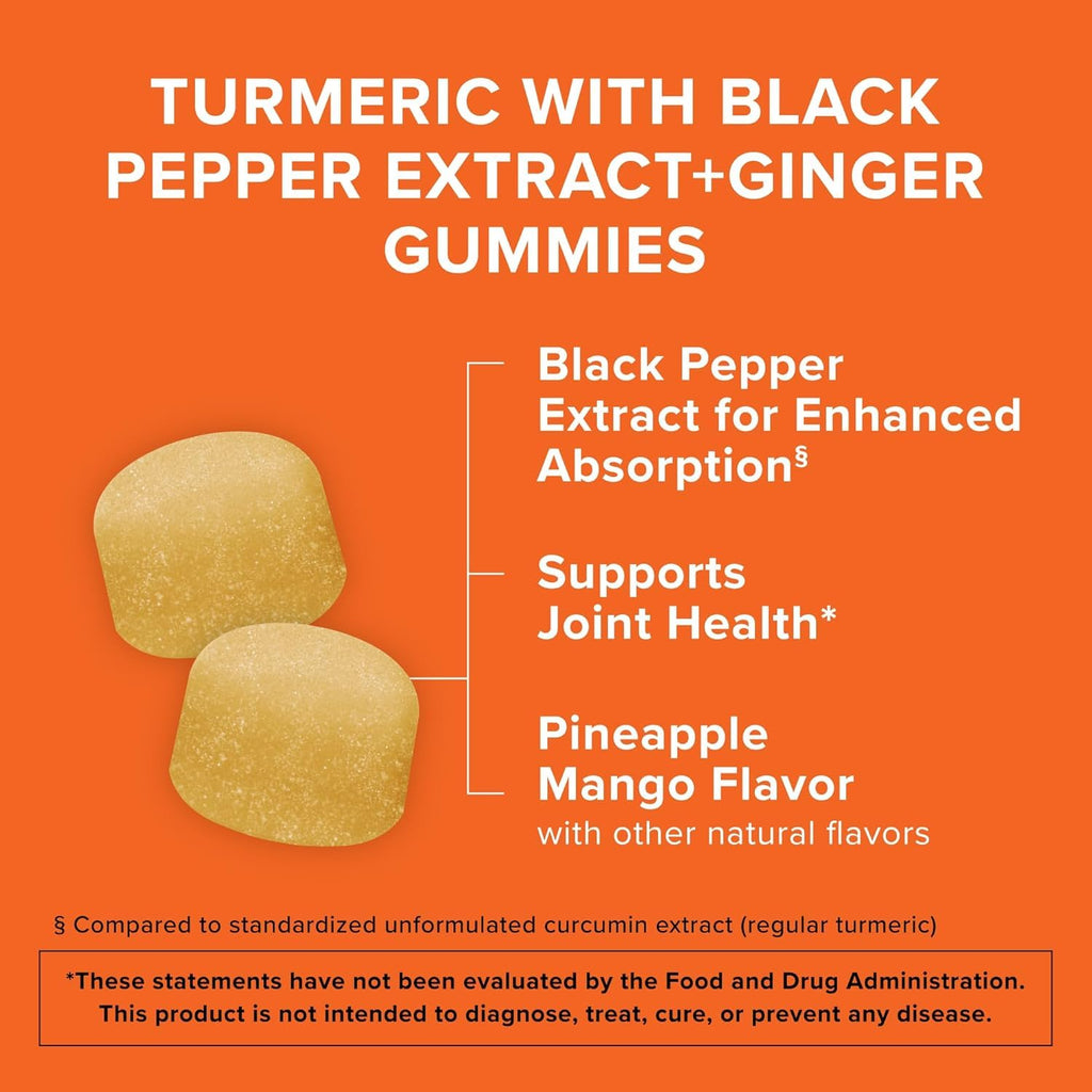 Qunol Turmeric + Black Pepper & Ginger Gummy 550mg Enhanced Absorption 90ct | Gluten Free Supplement that Supports Joint Health and a Healthy Inflammation Response, Delicious Pineapple Mango Flavor