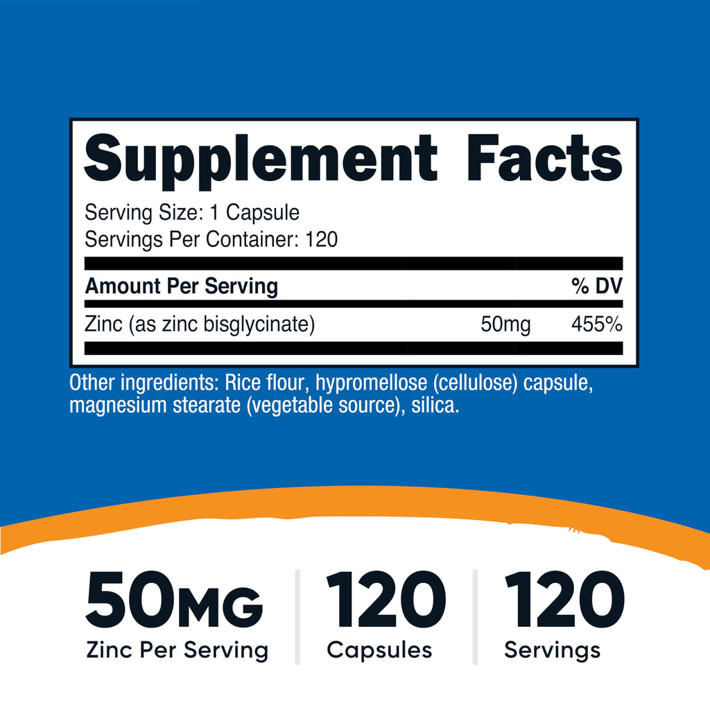 Nutricost Zinc Bisglycinate Supplement (50mg) 120 Vegan Capsules, GMO-Free