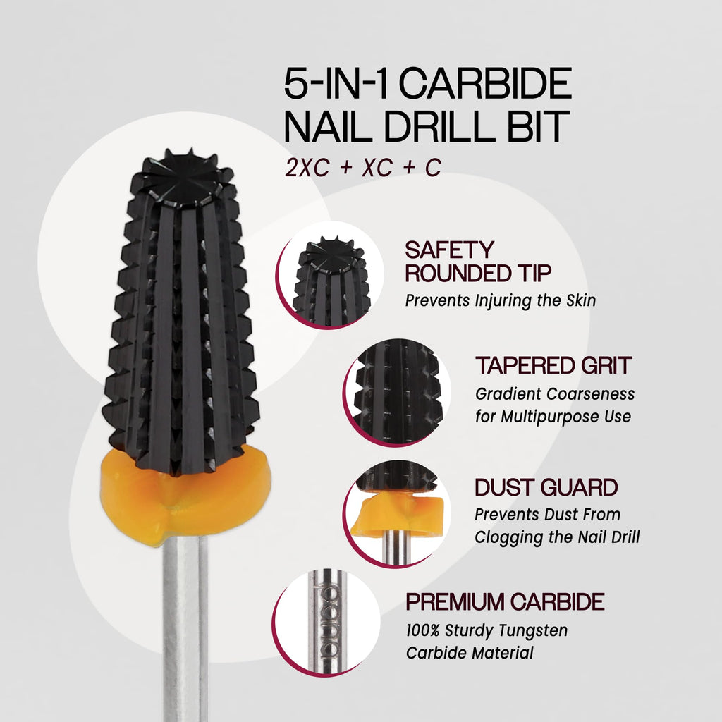 PANA 3/32" Shank 5-in-1 Nail Carbide Bit - (Triple Coarse - 2X Coarse Grit, DLC Black) - Two Way Rotate use for Both Left and Right Handed Fast remove Acrylic or Hard Gel