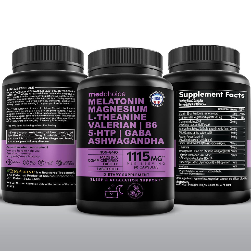 12-in-1 Melatonin Sleep Capsules - Natural Sleep Aids for Adults with Melatonin 5mg and Magnesium Glycinate 500mg, Sleep Aid with Ashwagandha, L Theanine, Valerian Root, GABA, 5-HTP (90ct, Pack of 2)