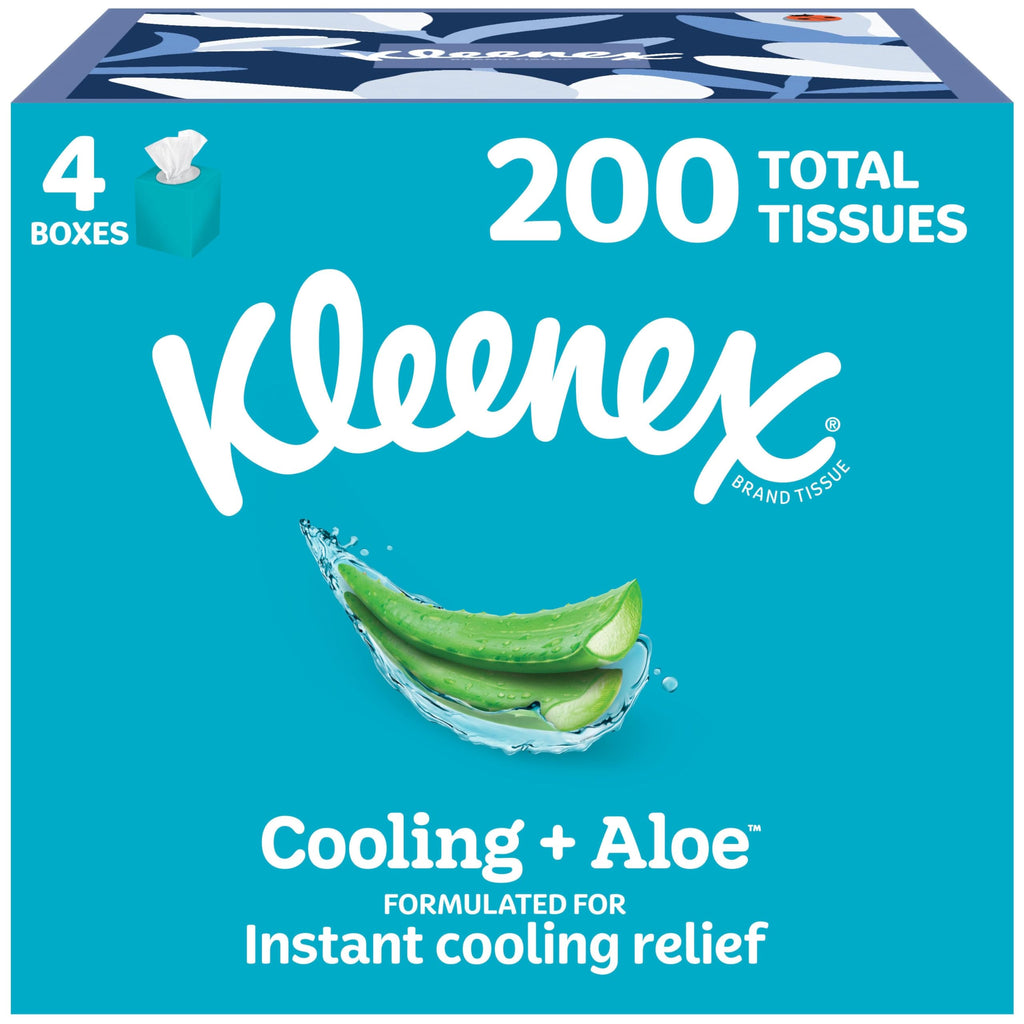 Kleenex Cooling + Aloe Facial Tissues, 4 Cube Boxes, 50 Tissues per Box