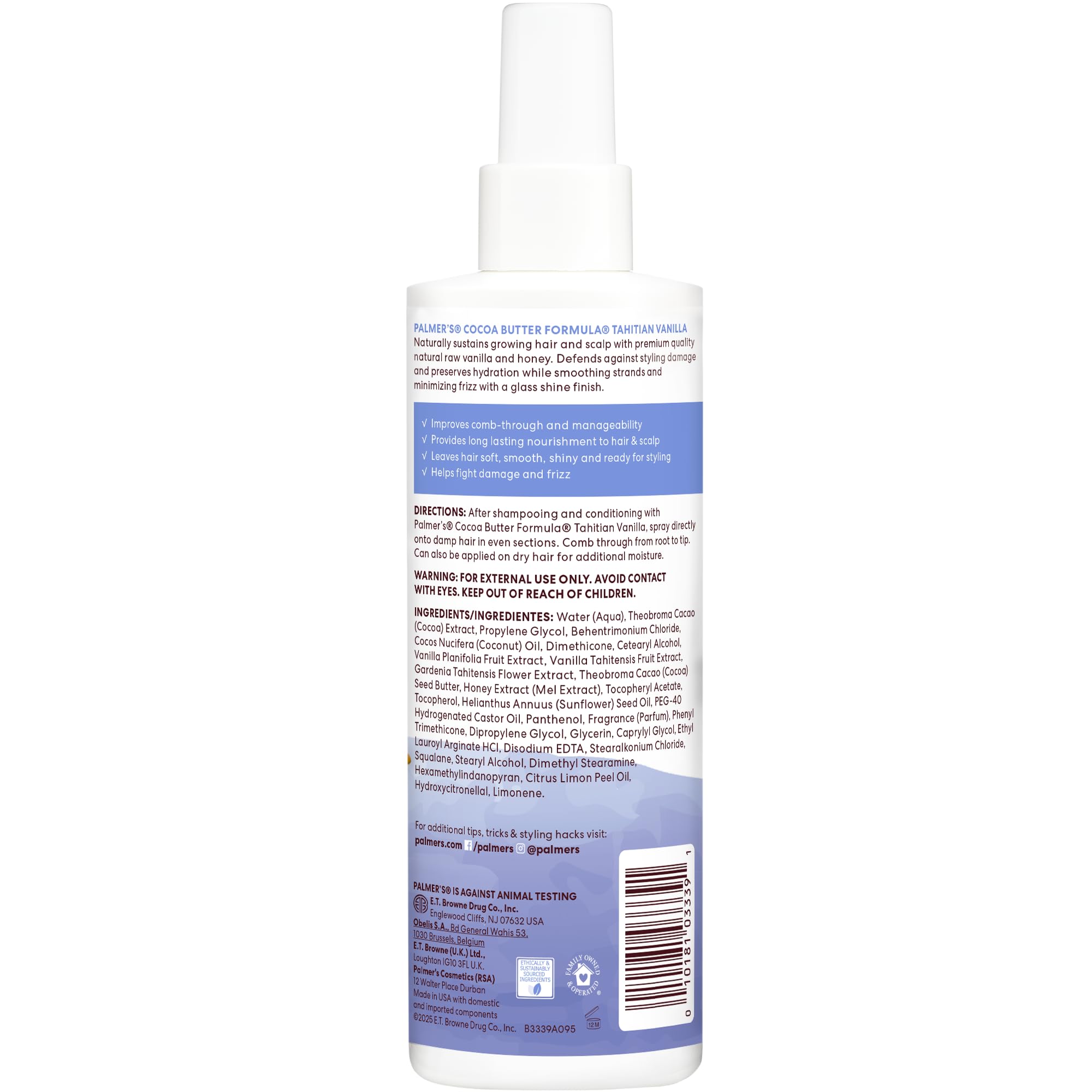 Palmer's Tahitian Vanilla Leave-In Conditioner with Cocoa Butter (8.5 Oz) | Indulgent, Hydrating Hair Detangler Spray, Acacia Honey & Vitamin E, Heat Protectant, Frizz Control & Long-Lasting Moisture