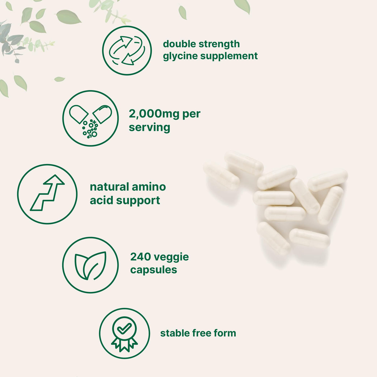 Glycine 2,000mg Per Serving, 240 Veggie Capsules | Free Form | Double Strength Amino Acids | Restful Sleep and Neurotransmitter Support Supplements | Non-GMO, Gluten Free