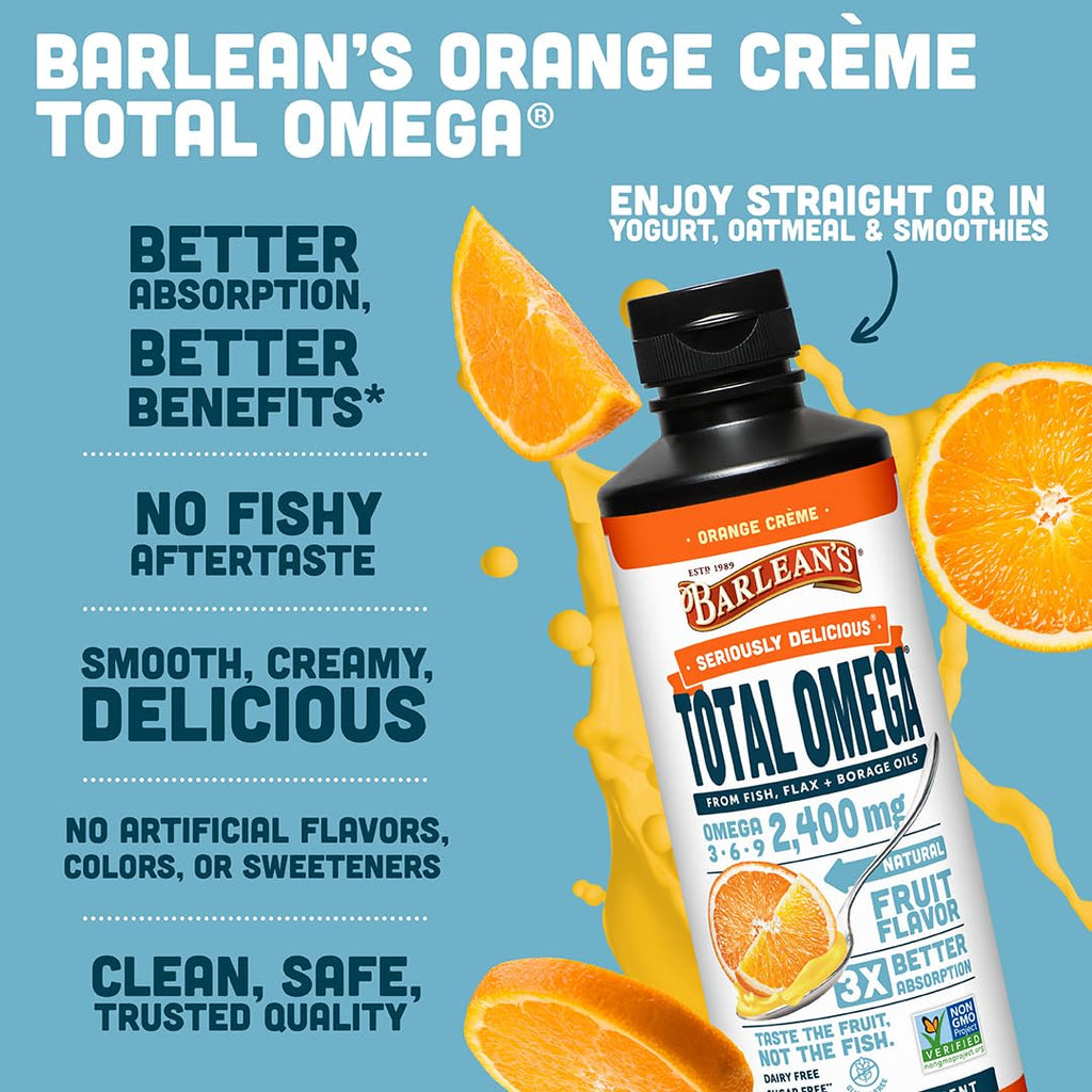 Barlean's Orange Creme Omega 3-6-9 Liquid Fish Oil, 2400mg Omegas,16oz | Fish, borage & flax oils, EPA DHA ALA GLA omegas, Burpless, Non-GMO, Gluten-free, Heart, joint & skin support