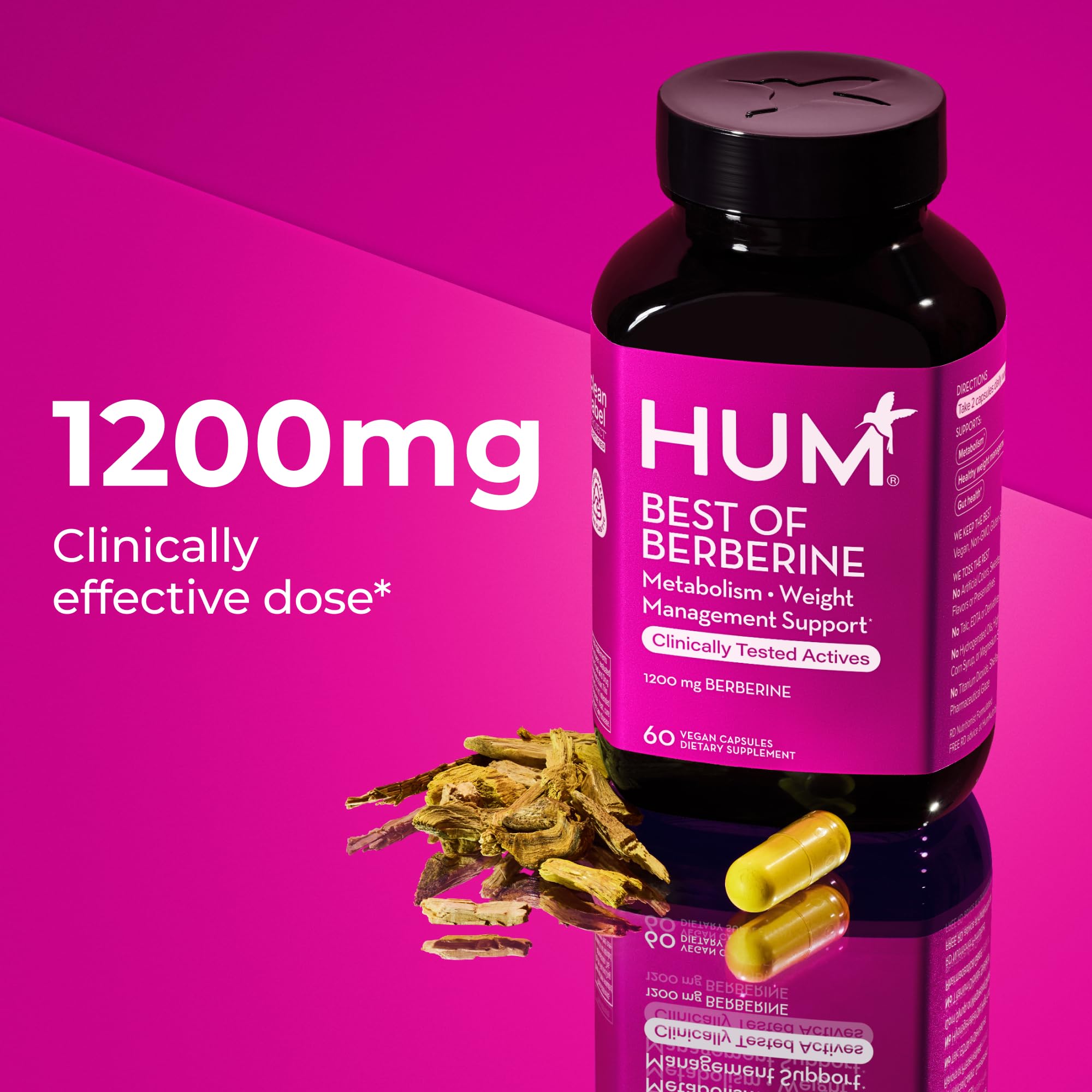 HUM Best of Berberine Supplement 1200mg, Metabolic & Gut Health, 60 Count | BioPerine, High Absorption, 2 Capsules Daily, Vegan, Non-GMO, Gluten Free