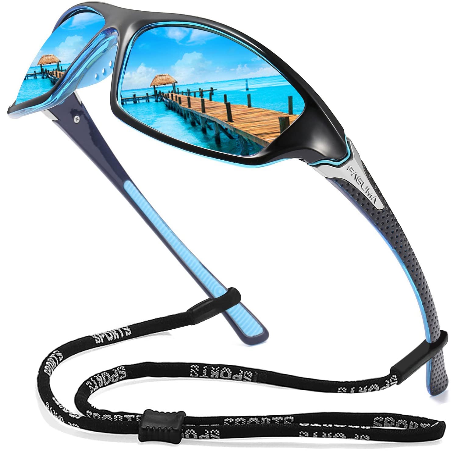 Buy now FAGUMA Sports Polarized Sunglasses For Men Cycling Driving Fishing UV400 Protection Black Blue Frame Blue Mirrored Lens at indiglob india