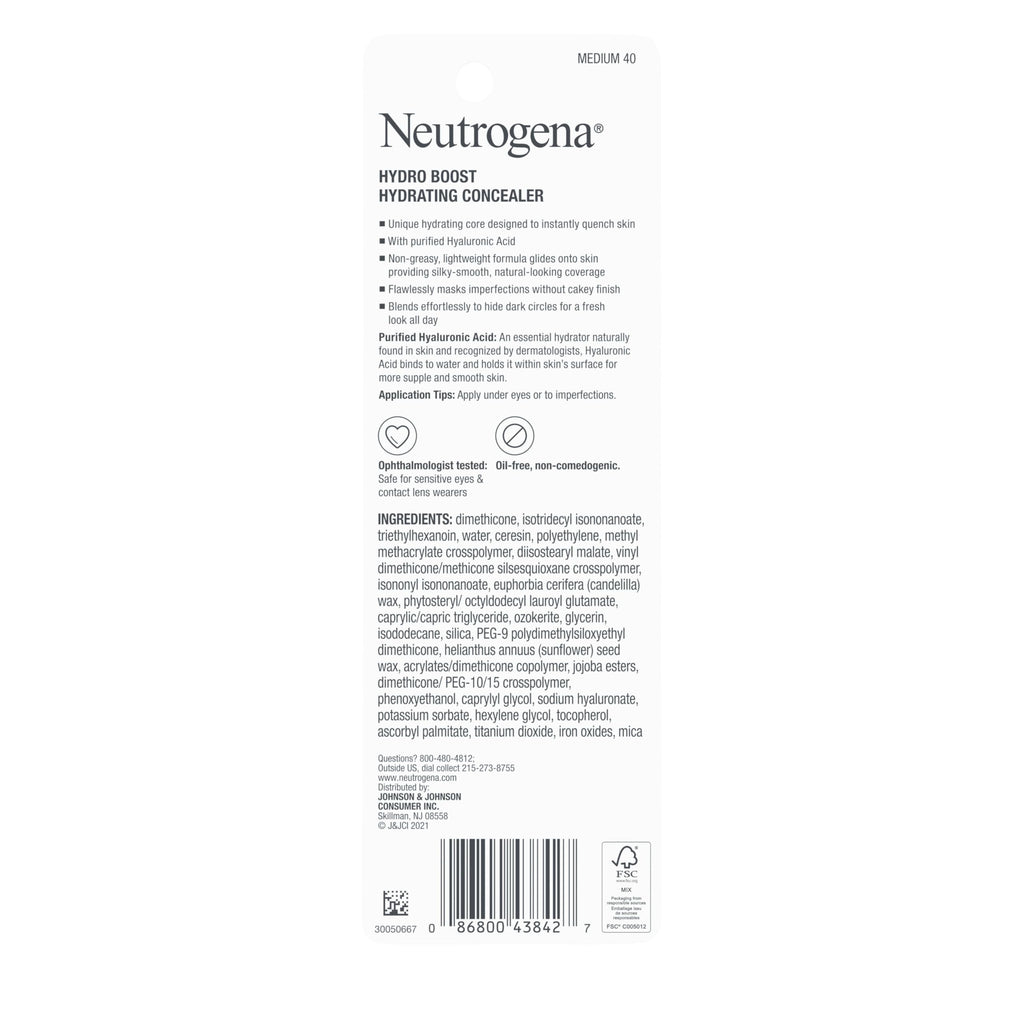 Buy now Neutrogena Hydro Boost Hydrating Concealer Stick, Oil-Free, Lightweight Cover-Up Makeup with Hyaluronic Acid Refreshes Dry Skin & Provides Buildable Coverage, 40 Medium, 0.12 Oz at indiglob india