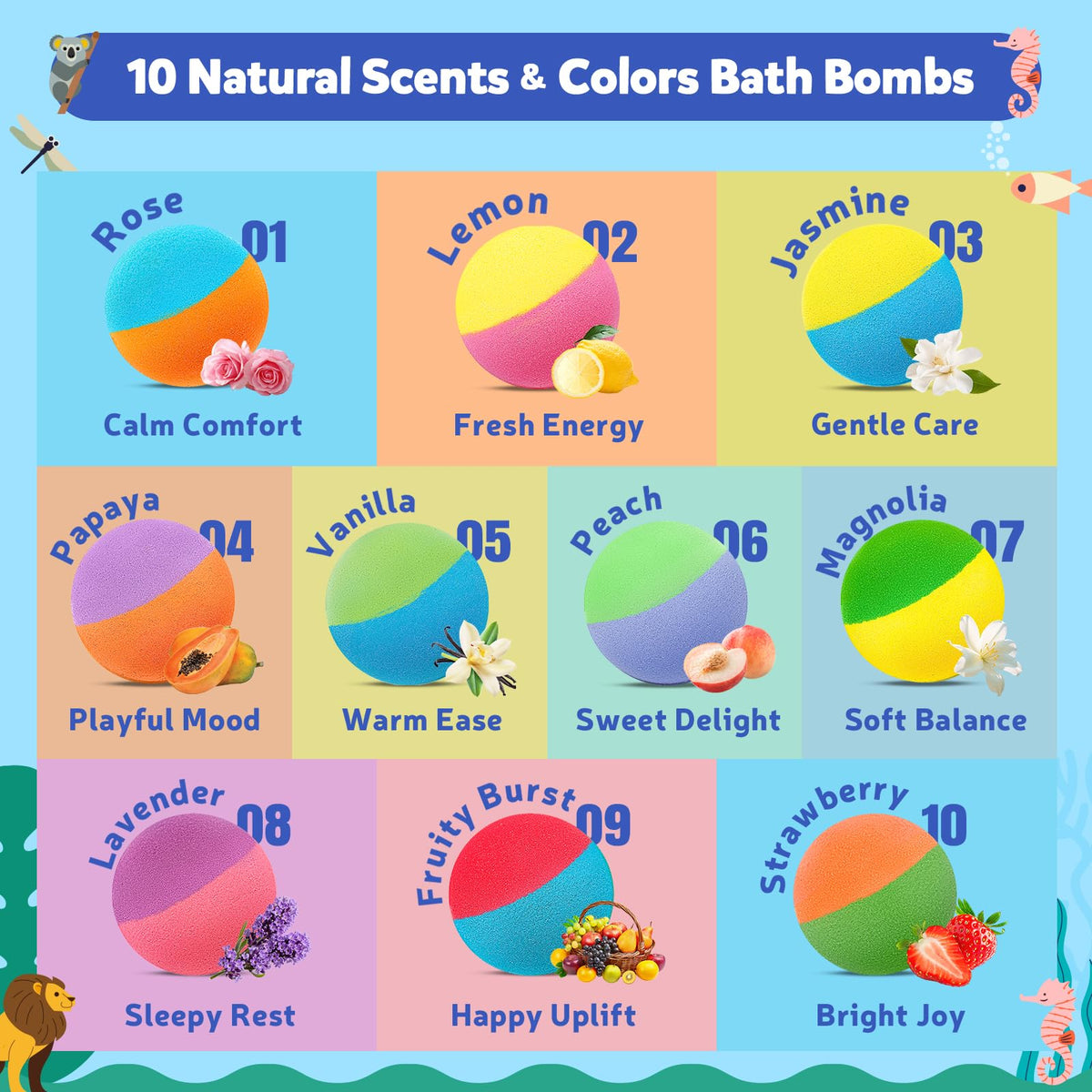 40 Kids Bath Bombs with Ocean & Jungle Animal Toys, Dual-Themed Gift Boxes