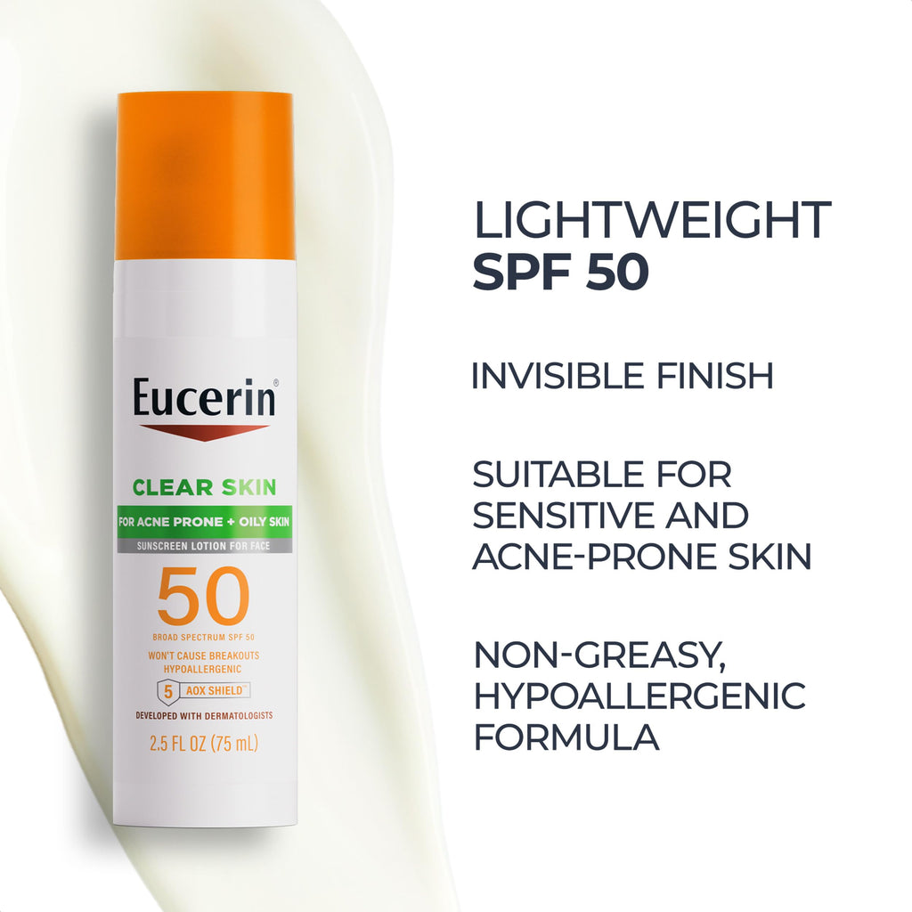 Eucerin Clear Skin Face Sunscreen Lotion, SPF 50, 2.5 FL OZ | Face Sunscreen for Acne Prone, Oily Skin with Oil-Absorbing Minerals, SPF 50 Broad Spectrum Sunscreen, Won't Cause Breakouts