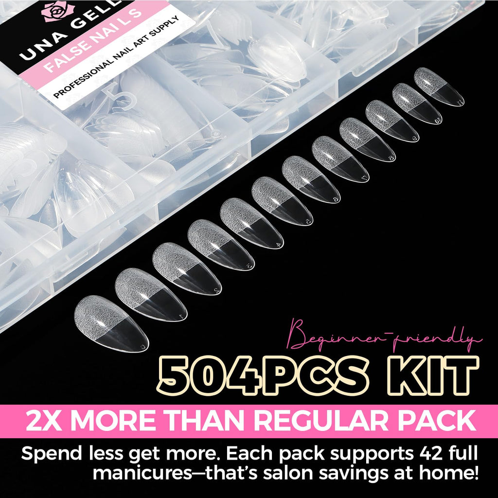 Buy now UNA GELLA Almond Gel Nail Tips, 504PCS Pre Etched Clear Fake Nails Tips Medium Almond Shape - 12 Sizes Full Cover Soft Acrylic Press On Nail Extensions No C Curve Gift for Diy at Home at indiglob india