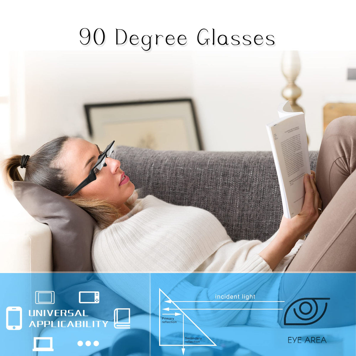 Horizontal Lazy Glasses 90 Degree for Lying Down Reading or Watching TV,Knitting Up Neck Relax, Prism Glasses for Looking Up Playing Mobile,Lightweight and Smooth Comfortable Frame Clear Vision