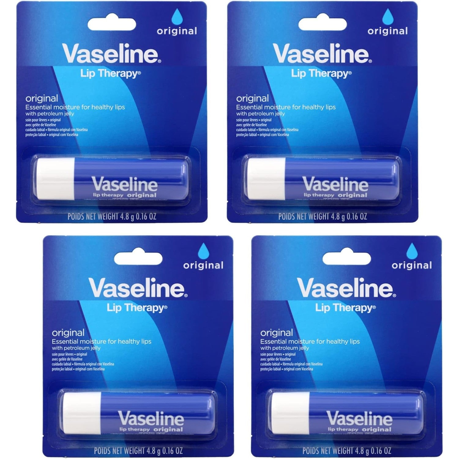 Vaseline Lip Therapy Care Original, Fast-Acting Nourishment, Ideal for Chapped, Dry, Cracked, or Damaged Lips, Lip Balm, 2-Pack of 2, 0.16 Oz Each, 4 Lip Balms
