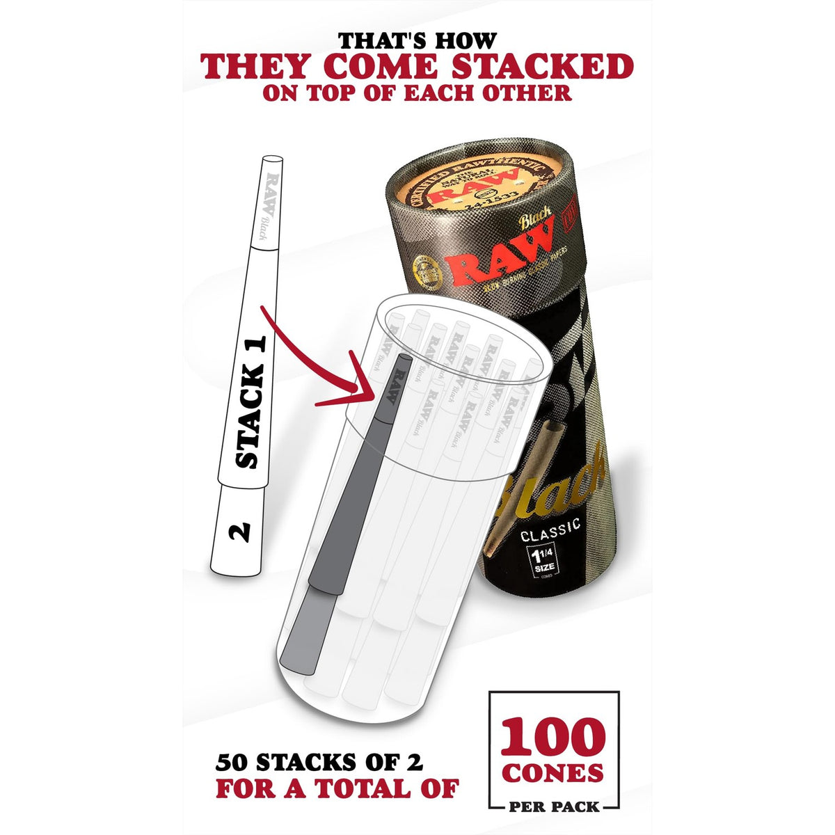 RAW Cones Black 1-1/4 Size 84 mm - 100 Pack of Pre Roll Rolling Paper