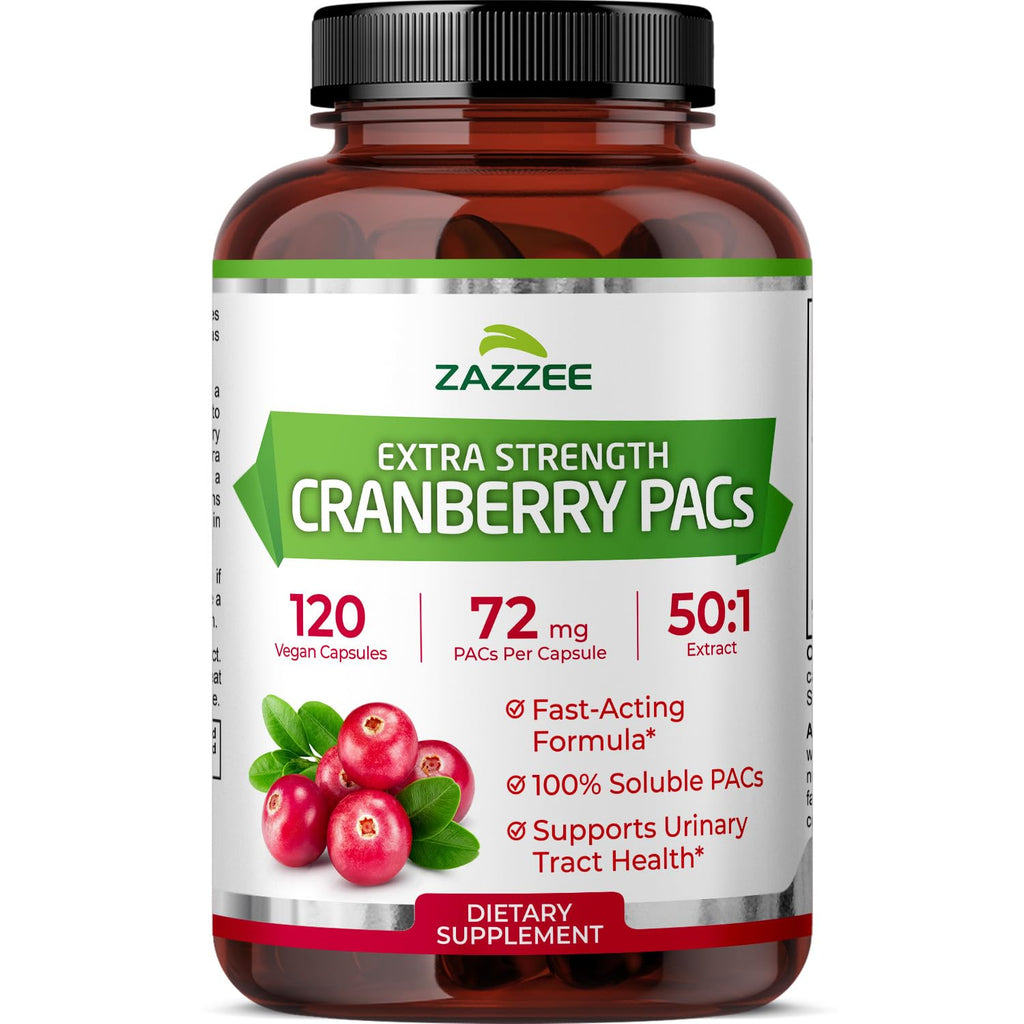 Zazzee Cranberry PACs 72 mg per Capsule, 50:1 Extract, 60 Vegan Capsules | 2X Strength, 2 Month Supply, Fast-Acting, Effective Urinary Tract & Bladder Support, 100% Soluble PACs, Made in the USA