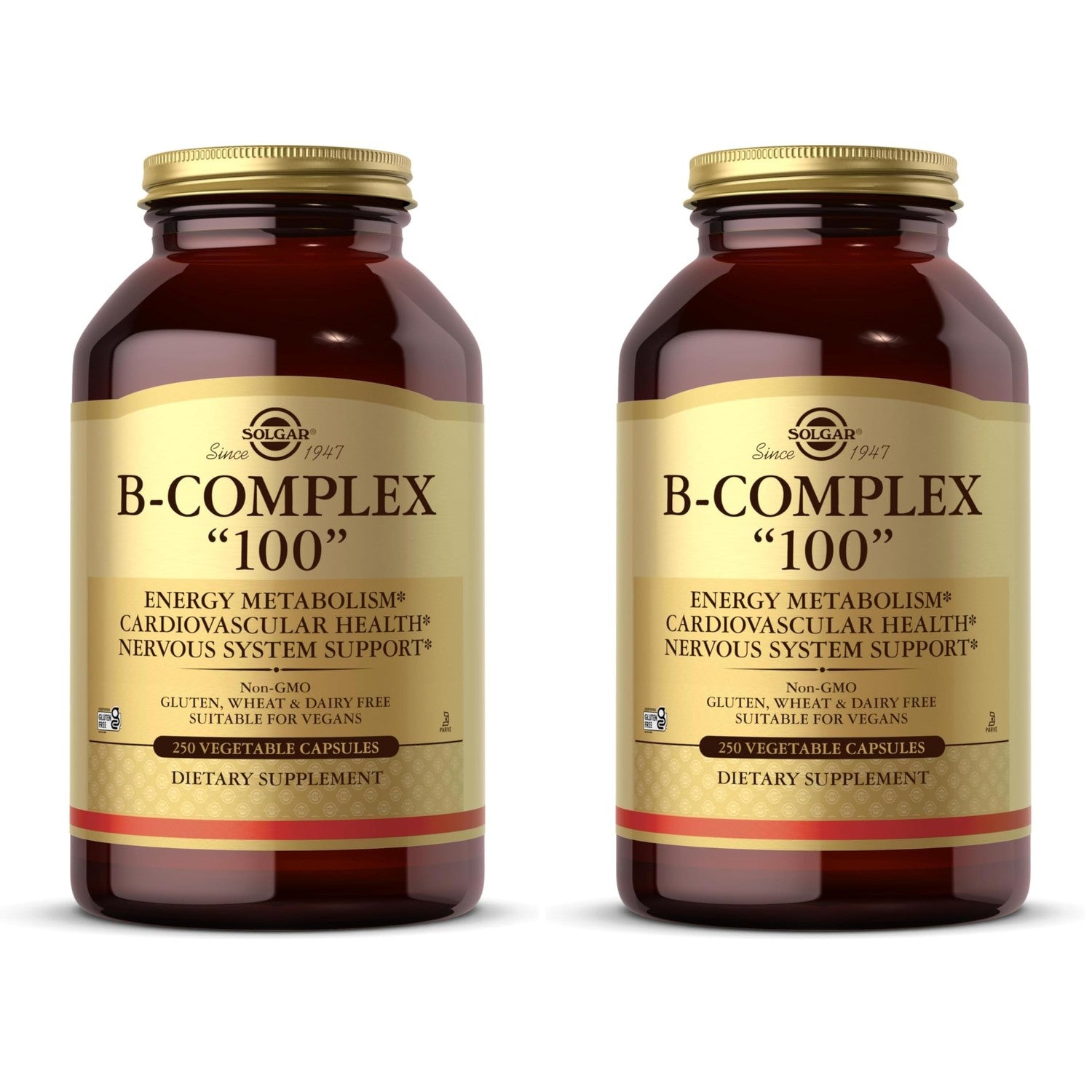 Solgar B-Complex "100", 100 Vegetable Capsules - Nervous System Support - Supports Energy Metabolism - Non-GMO, Vegan, Gluten Free, Dairy Free, Kosher - 100 Servings
