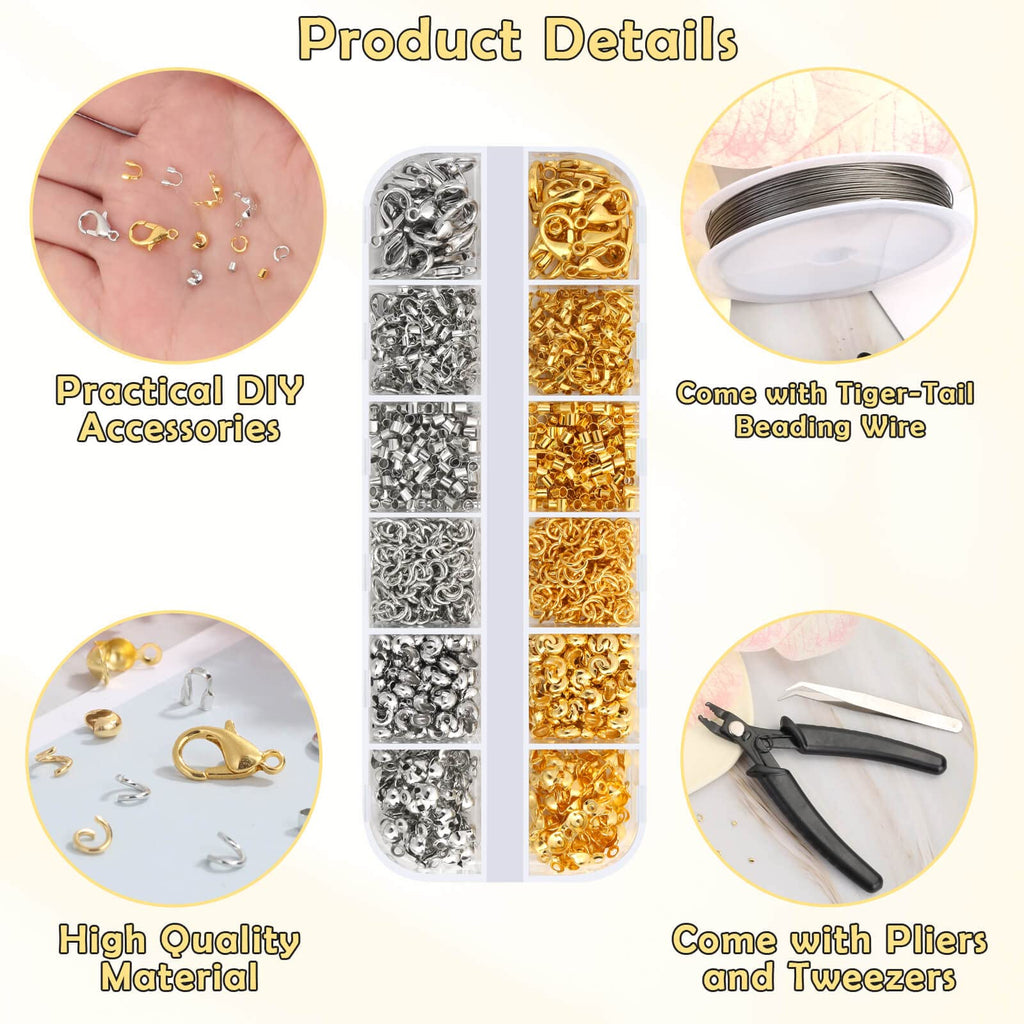 Acejoz 1203 Pcs Crimp Beads Supplies for Jewelry Making, Including Crimp Covers, Crimp Tubes and Wire Guardians, Lobster Clasps, Jump Rings, Crimping Pliers and Beading Wire for Bracelets Making