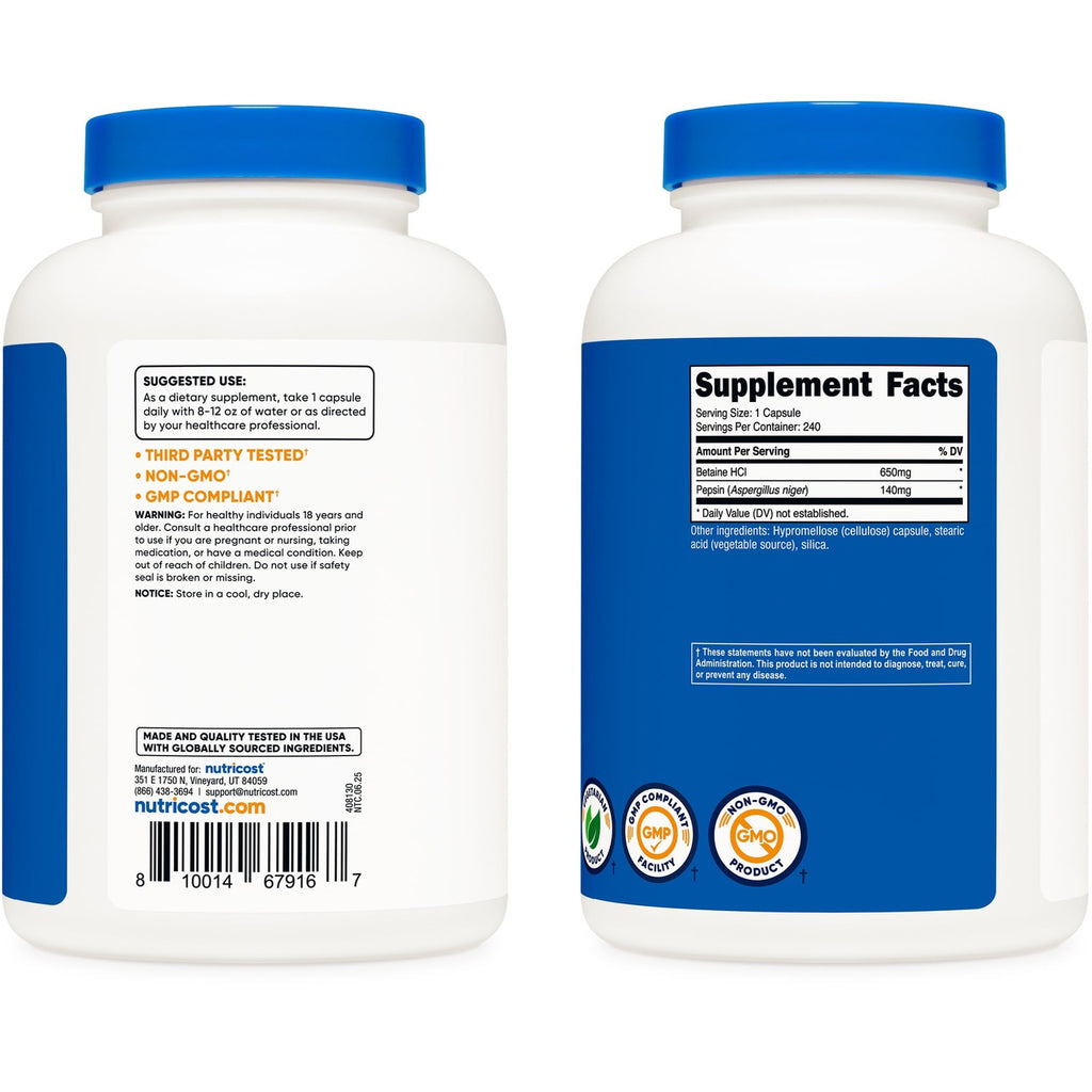Nutricost Betaine HCl + Pepsin 790mg, 240 Capsules (2 Bottles) | Vegetarian & GMO Free