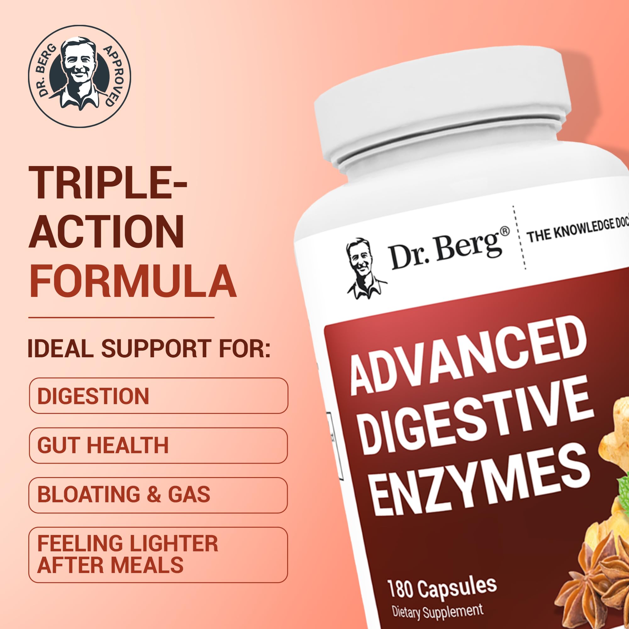 Dr. Berg Advanced Digestive Enzymes with Apple Cider Vinegar - Includes Digestive Health Ingredients Like Betaine Hydrochloride (HCI), Ginger Root & Peppermint Leaf - 180 Capsules