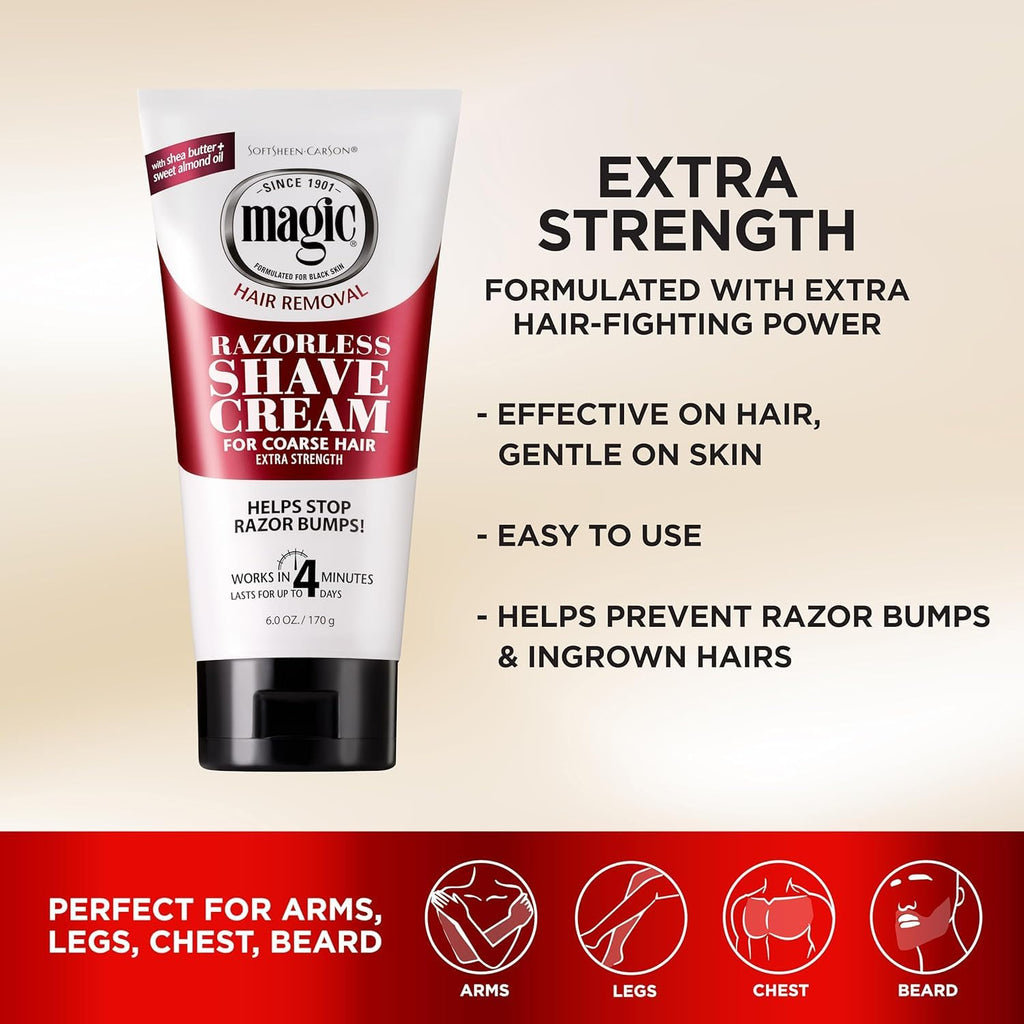 SoftSheen-Carson Magic Razorless Shaving Cream, Depilatory Hair Removal Cream for Body Hair, Extra Strength, Works in 4 Minutes for, 6 oz (Pack of 2)