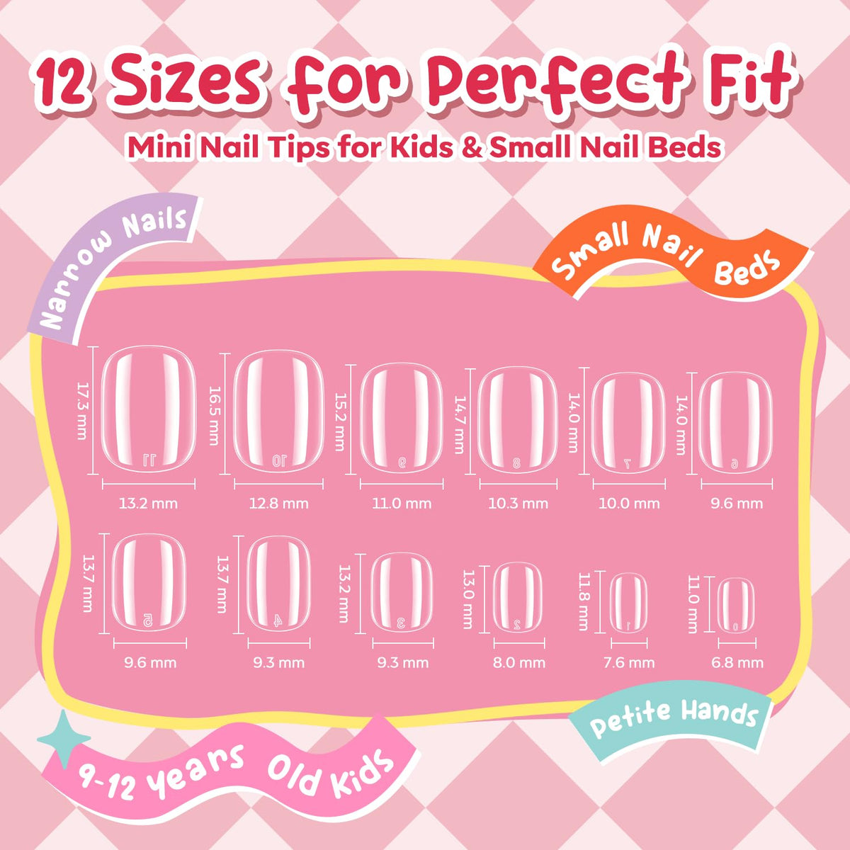 Modelones Short Almond Nail Tips come in 12 sizes, perfect for kids and small nail beds. Available for order online.