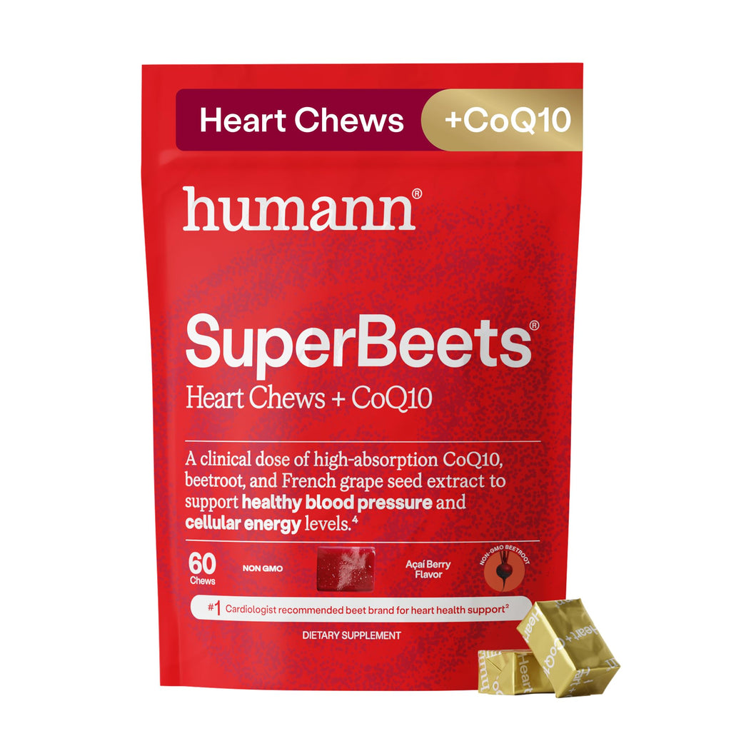 HumanN SuperBeets 3-in-1 Heart Chews + 3X Absorption 150mg CoQ10, 60 Ct | Blood Pressure Support, Nitric Oxide Support & Cellular Energy, Non-GMO Beetroot, Grape Seed Extract, Once Daily, Made in USA