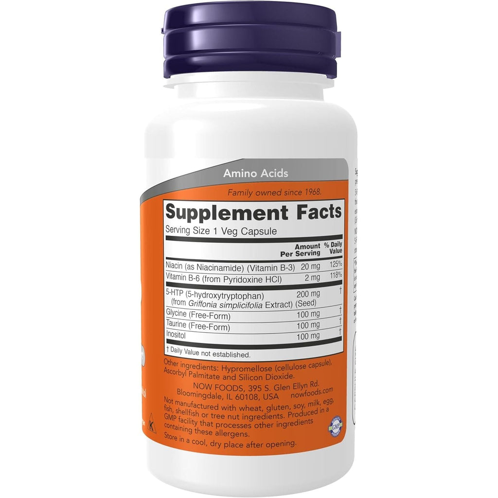 Buy now NOW Foods Supplements, 5-HTP (5-hydroxytryptophan) 200 mg, Double Strength, Neurotransmitter Support*, 60 Veg Capsules at indiglob india