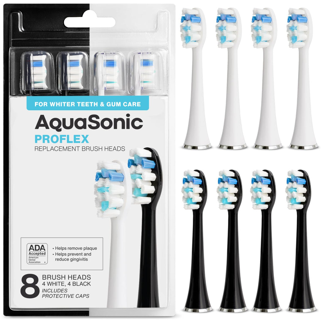 AquaSonic Genuine Proflex Replacement Brush Heads | ADA Accepted | for Whiter Teeth & Gum Care | Compatible with Duo Series PRO and Others (8 Pack Black & White)
