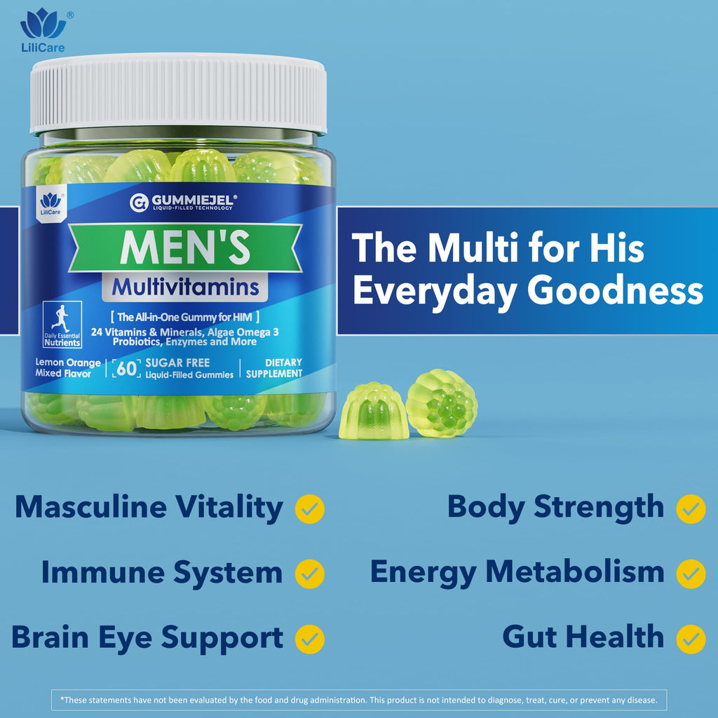 Mens Multivitamins Gummies, Methylated Multivitamin for Men, B Complex, Minerals, Vegan Omega 3, Probiotic, Enzyme, Antioxidants for Men's Complete Daily Support, Sugar Free, Vegan (No Iron) 60 Counts