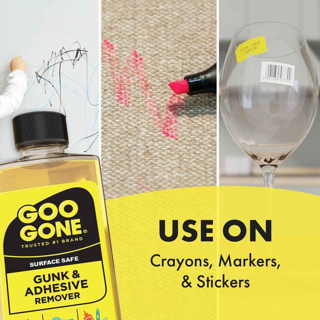 Goo Gone Gunk and Adhesive Remover - Safely and Easily Removes Stickers, Tape Residue, Decals, Grease, Chewing Gum, Crayons and Glue from Surfaces - Trusted Formula for Quick and Easy Removal
