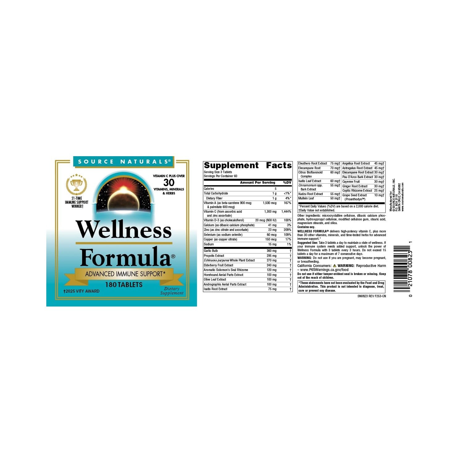 Source Naturals Wellness Formula, Advanced Immune Support* - 180 Tablets | Bio-Aligned Vitamins & Herbal Defense with Vitamin C Plus 30 other Vitamins, Minerals & Herbs for Immune System Support*