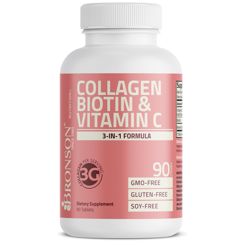 Bronson Collagen Peptides 3000mg with Biotin & Vitamin C, 90 Tablets | Hair, Skin & Nails Support, 3g Collagen per Serving, Non-GMO, Gluten-Free, Soy-Free