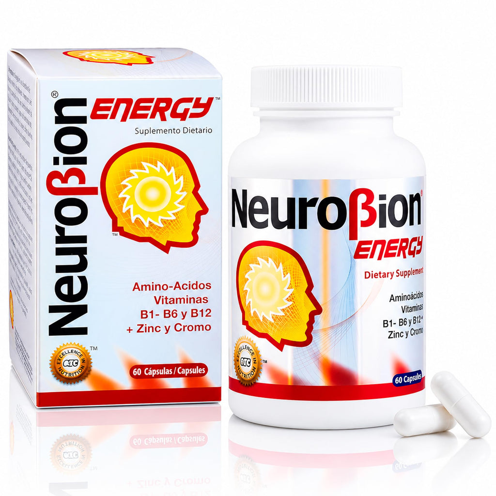 60 Caps Neurobion Energy - Amino Acids Vitamin B1 B2 B6 B12 - Increases Brain Alertness & Stamina | One a day supports normal metabolism and nervous system function; sealed, authentic import