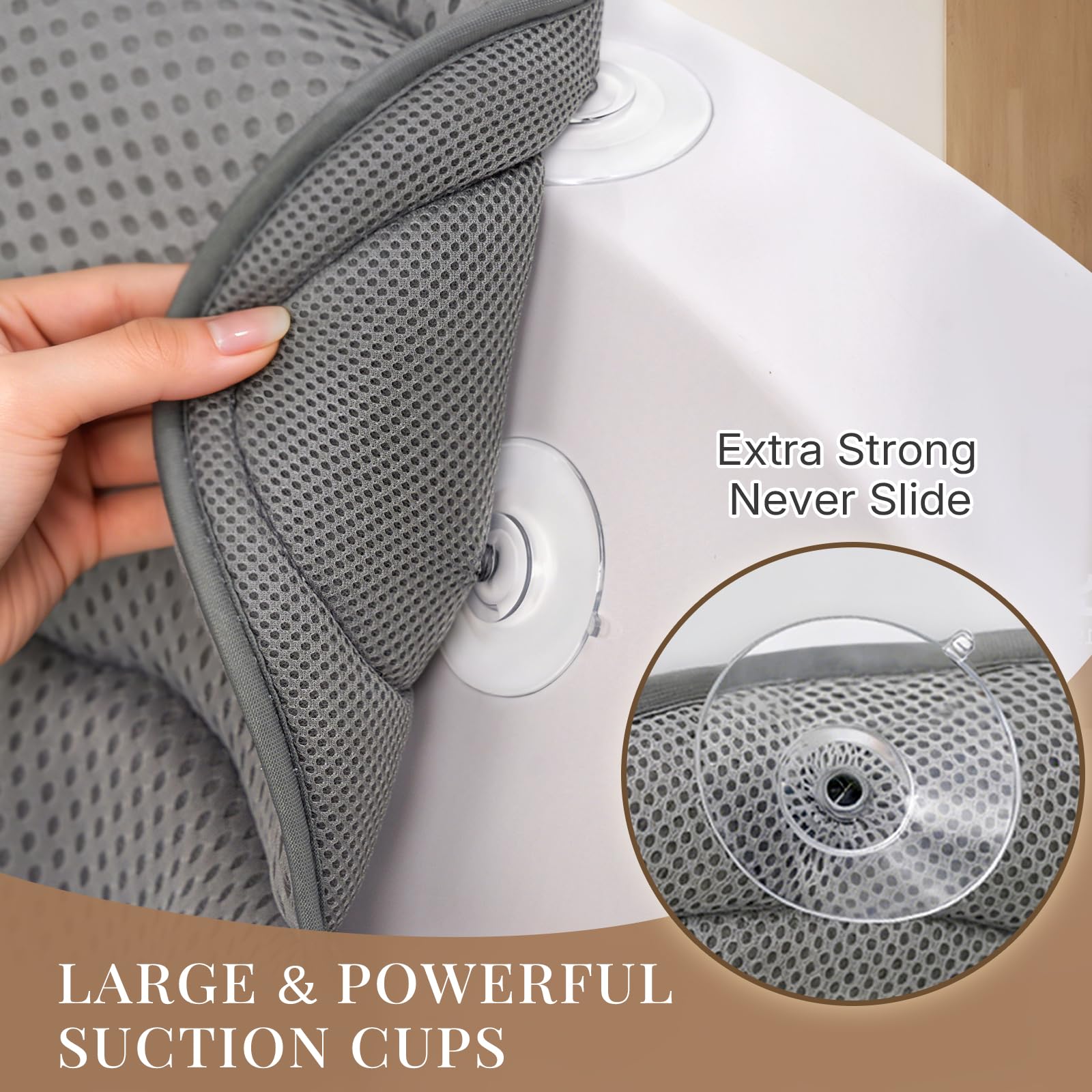 Bath Pillows for Tub, Luxury Bathtub Pillow for Head and Neck Support, Gray | Soft 4D Mesh, Padded Headrest, 6 Non-slip Suction Cups, Quick-drying, Machine Washable, Wash Bag Included, Bath Accessories
