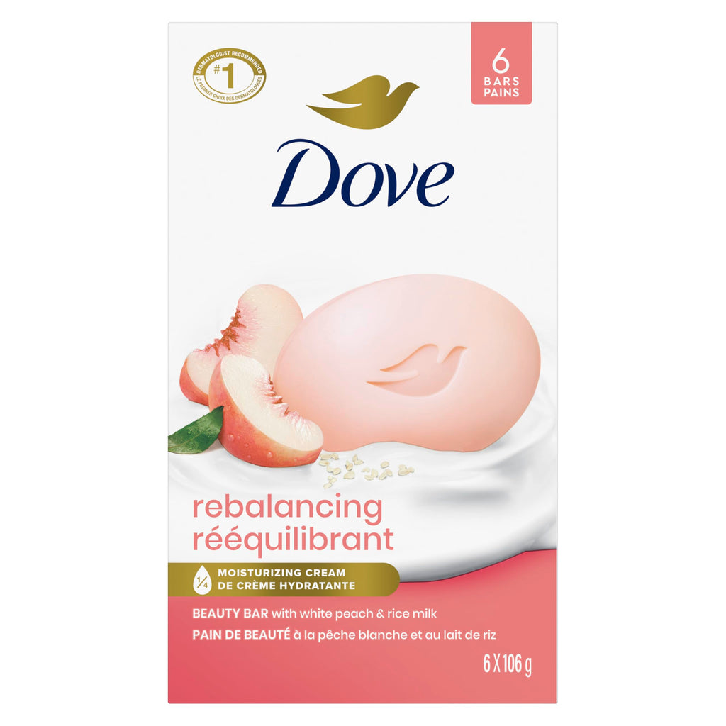 Dove Rebalancing Beauty Bar Soap 6 Count, White Peach & Rice Milk, 3.75 oz | Plant-based beauty bar with white peach and rice milk for soft, moisturized skin