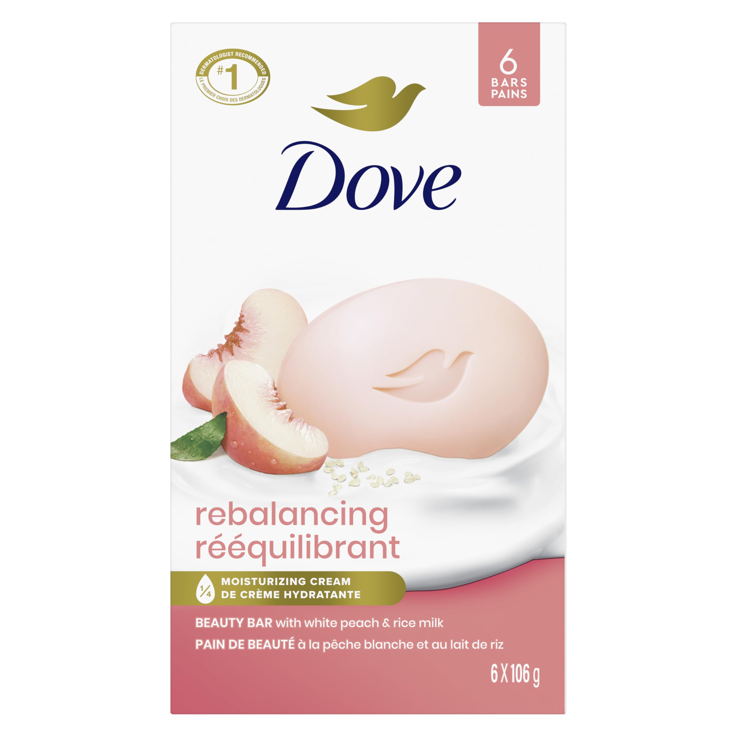 Dove Rebalancing Beauty Bar Soap 6 Count, White Peach & Rice Milk, 3.75 oz | Plant-based beauty bar with white peach and rice milk for soft, moisturized skin