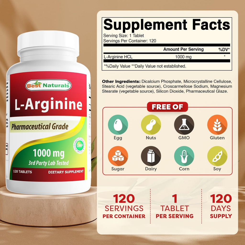 (New Improved Formula) Best Naturals L-Arginine 1000 mg 120 Tablets - Pharmaceutical Grade L Arginine Supplement Promotes Nitric Oxide Synthesis | L Arginine supplement promotes nitric oxide synthesis
