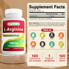 (New Improved Formula) Best Naturals L-Arginine 1000 mg 120 Tablets - Pharmaceutical Grade L Arginine Supplement Promotes Nitric Oxide Synthesis | L Arginine supplement promotes nitric oxide synthesis