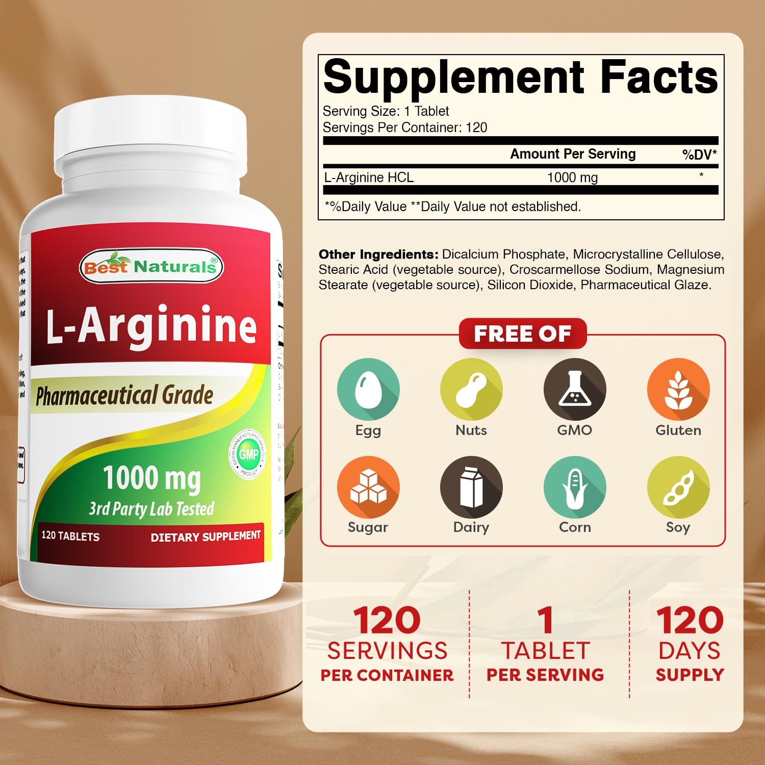 (New Improved Formula) Best Naturals L-Arginine 1000 mg 120 Tablets - Pharmaceutical Grade L Arginine Supplement Promotes Nitric Oxide Synthesis | L Arginine supplement promotes nitric oxide synthesis
