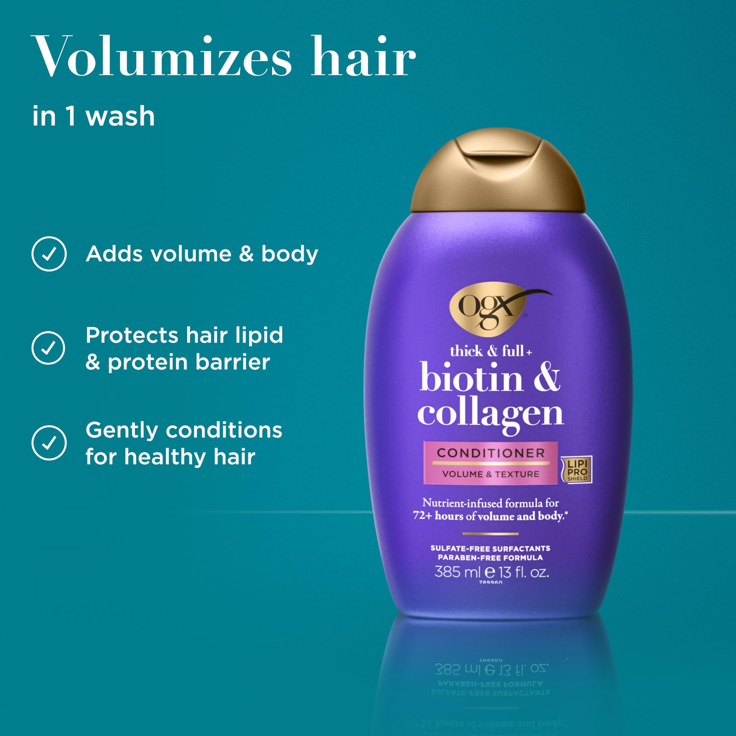 OGX Thick & Full + Biotin & Collagen Volumizing Conditioner, 13 fl oz | Nutrient-Infused, Vitamin B7 Biotin, Gives Hair Volume & Body for 72+ Hours, Sulfate-Free Surfactants