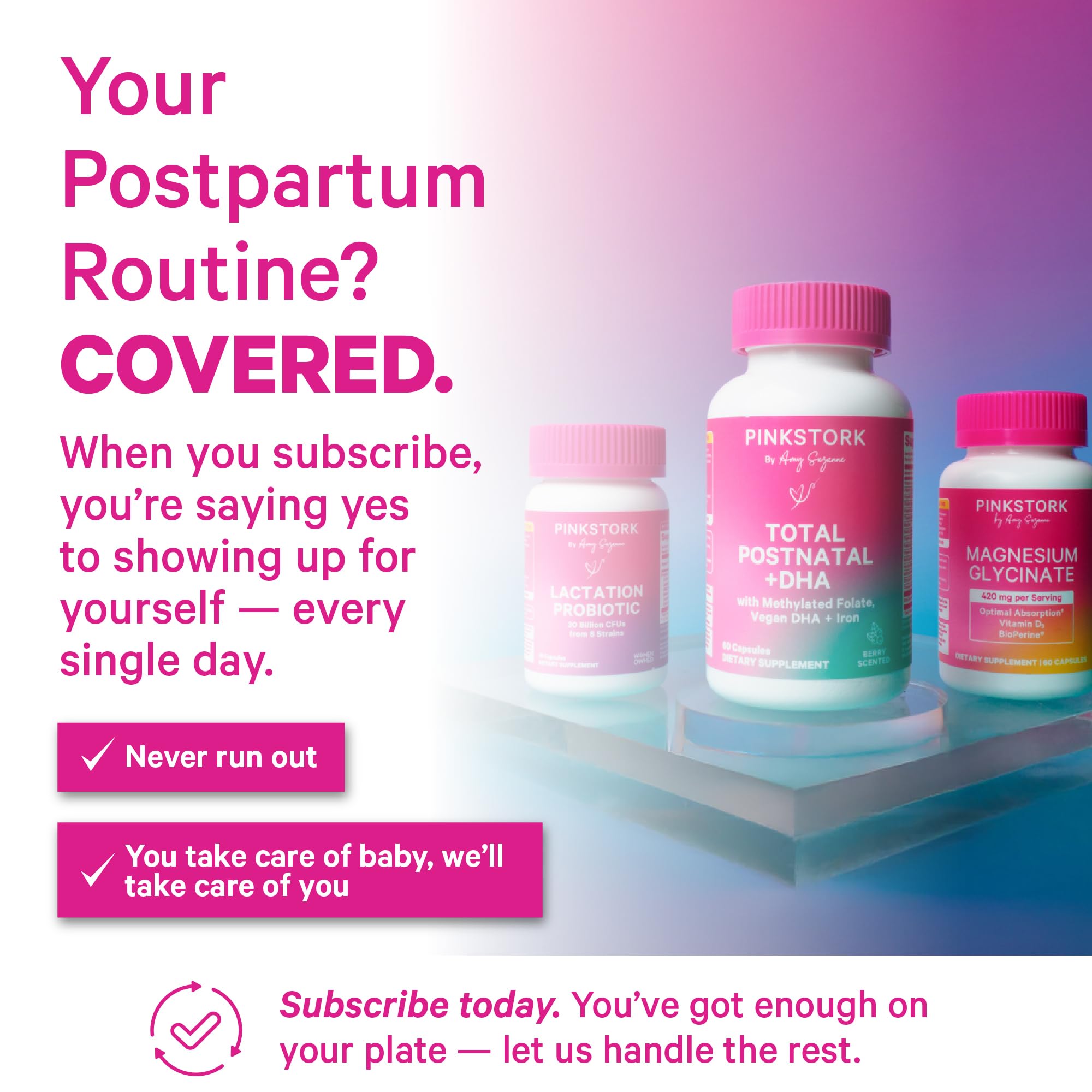 Pink Stork Total Postnatal Vitamins for Women, 60 Capsules, Berry | Clean Label Award, Vegan Algae DHA, No Fishy Burps, Methylated Folate, Iron, Gentle on Stomach, Postpartum + Lactation