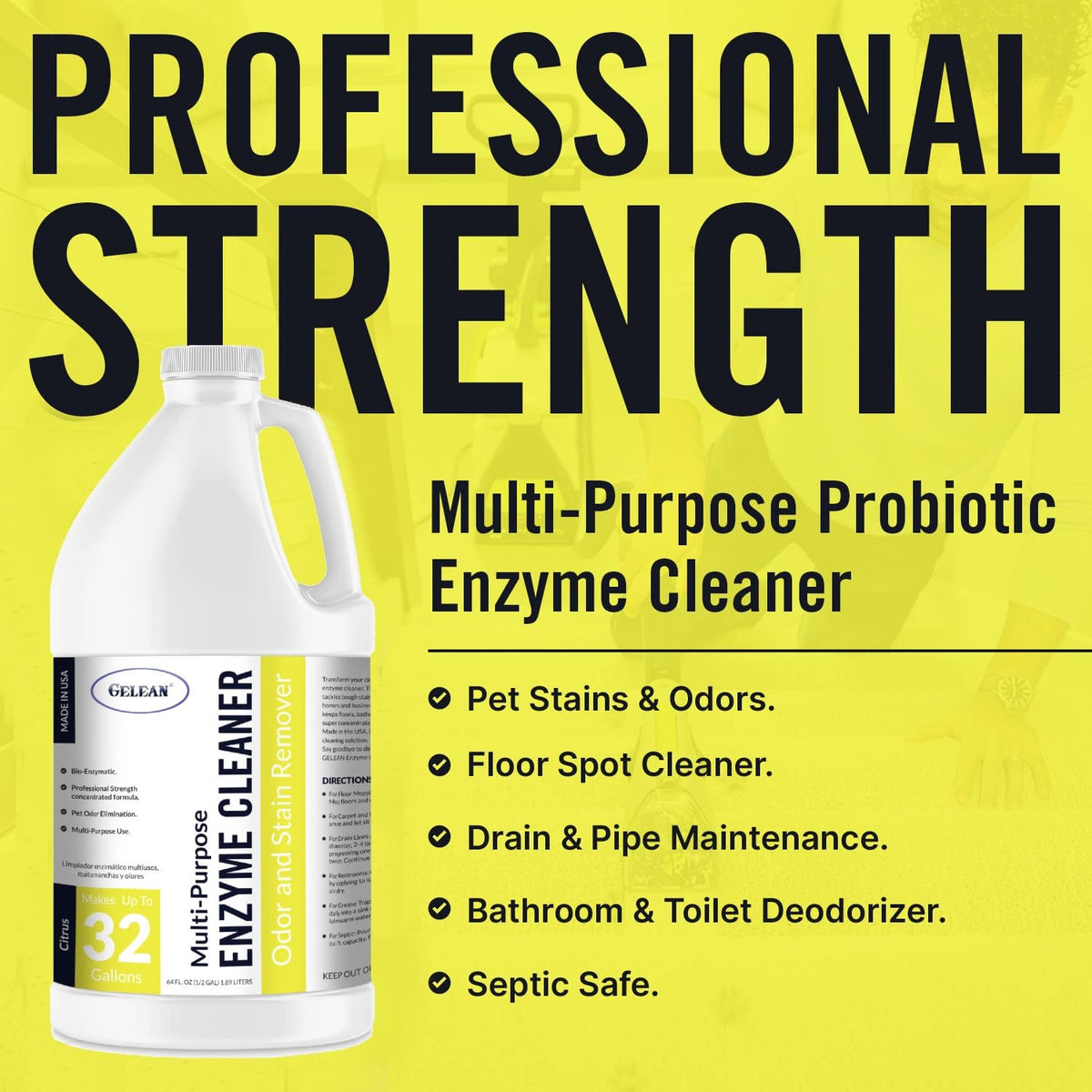 Multi-Purpose Probiotic Enzyme Citrus Cleaner, 1/2 Gallon (64 oz.) - Pet Stain and Odor Remover - Concentrated - Professional & Home Strength Drains, Floors, Bathrooms, Toilets Trash Can, Made in USA