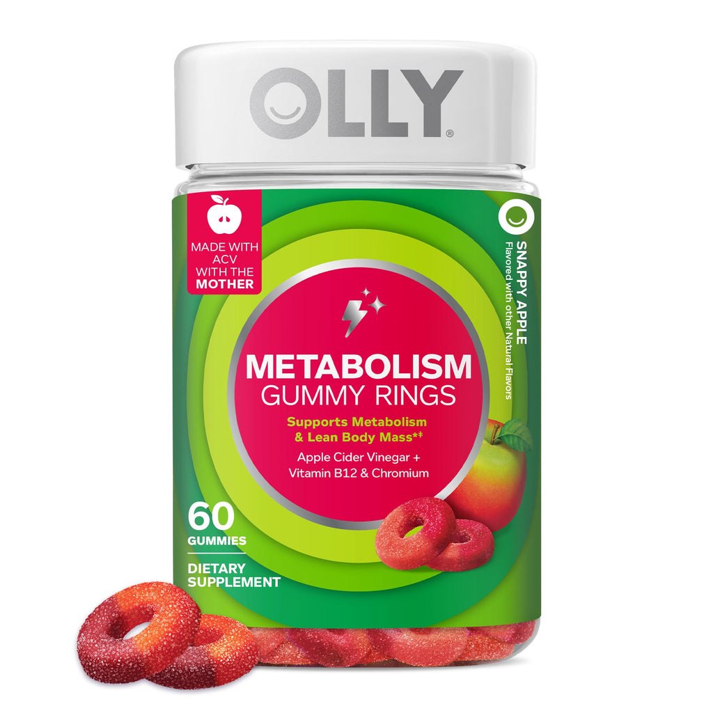 OLLY Metabolism Gummy Rings, Apple Cider Vinegar, Vitamin B12, Chromium, Energy and Digestive Health, Chewable Supplement, Apple Flavor - 30 Count