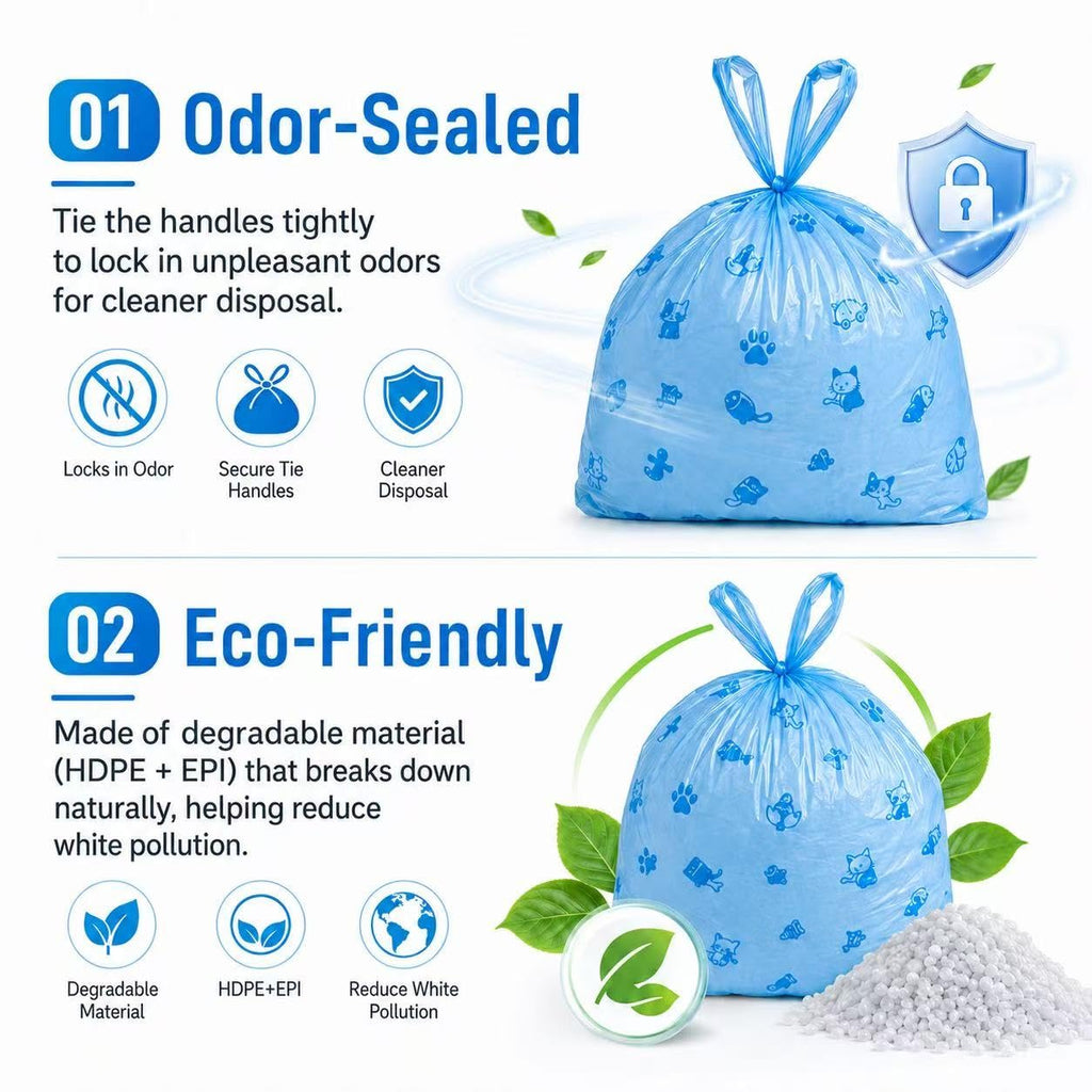 Odor Sealing Cat Litter Poop Clump Pick-Up Bags with Handles Scoop Tie Bags Dog Waste Bag, Leak Proof Pet Disposal, Unscented, 100 bags