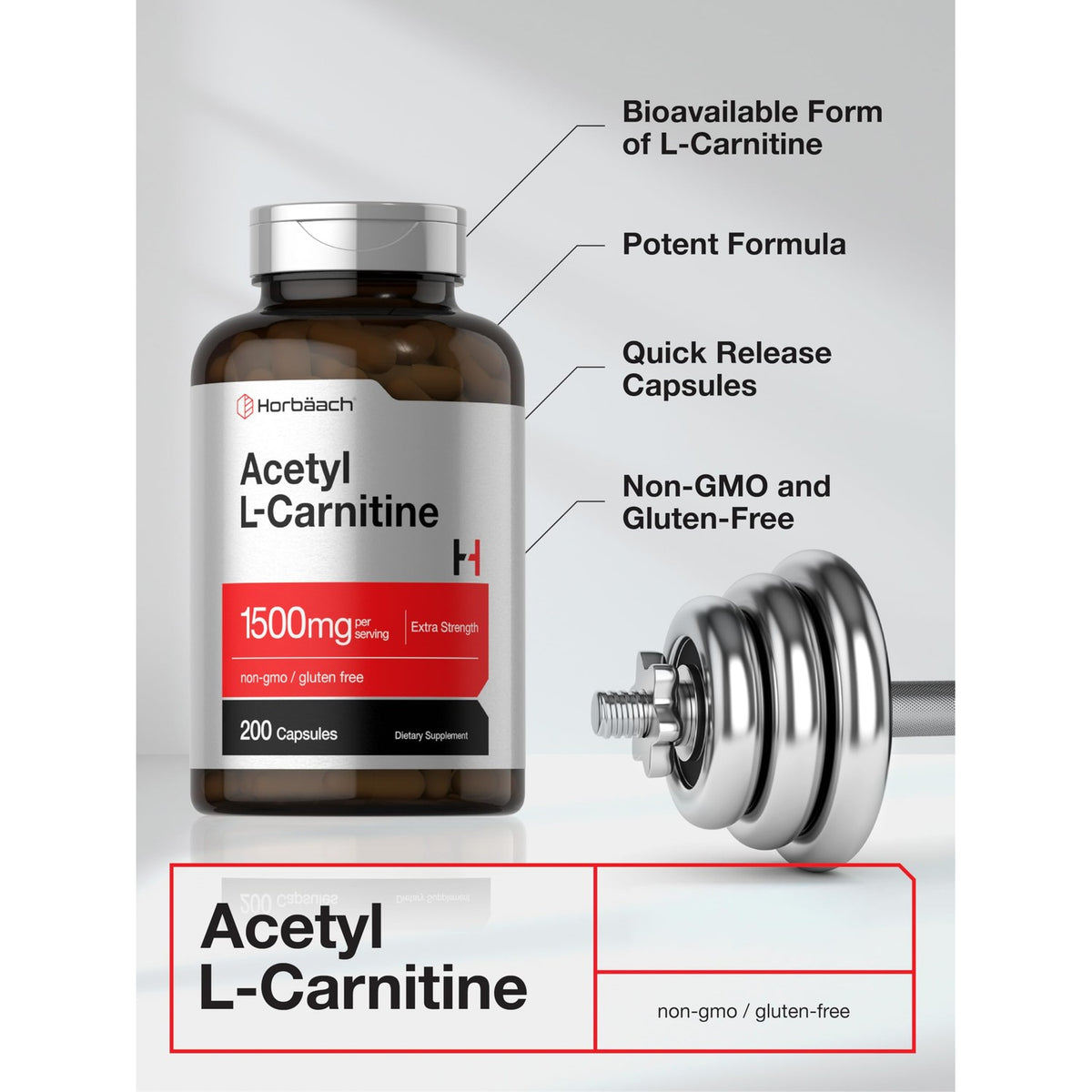 Horbäach Acetyl L-Carnitine 1500mg | 200 Capsules | Extra Strength